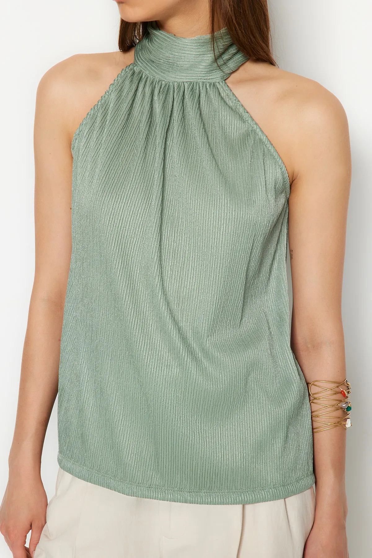 Trendyol Collection  Mintfarbene, hochgeschlossene, plissierte Strickbluse mit normaler Passform TWOSS23BZ00952