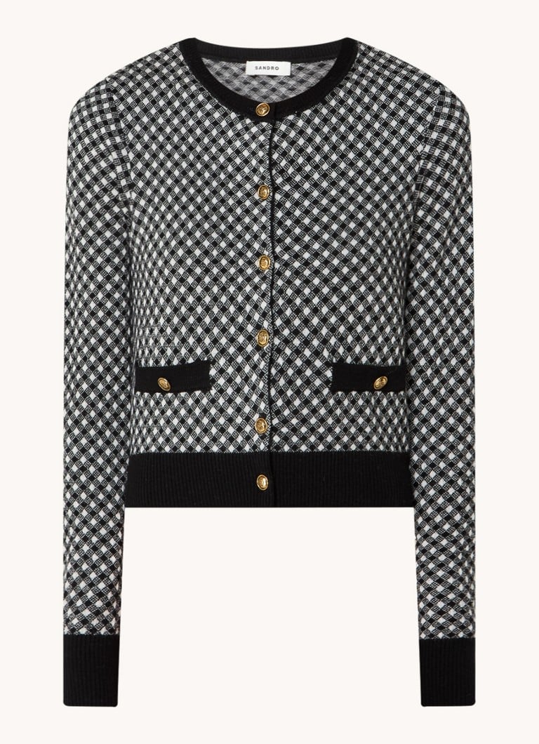 Cardigan corto Sandro in pregiata maglia di misto lana con motivo a quadri.