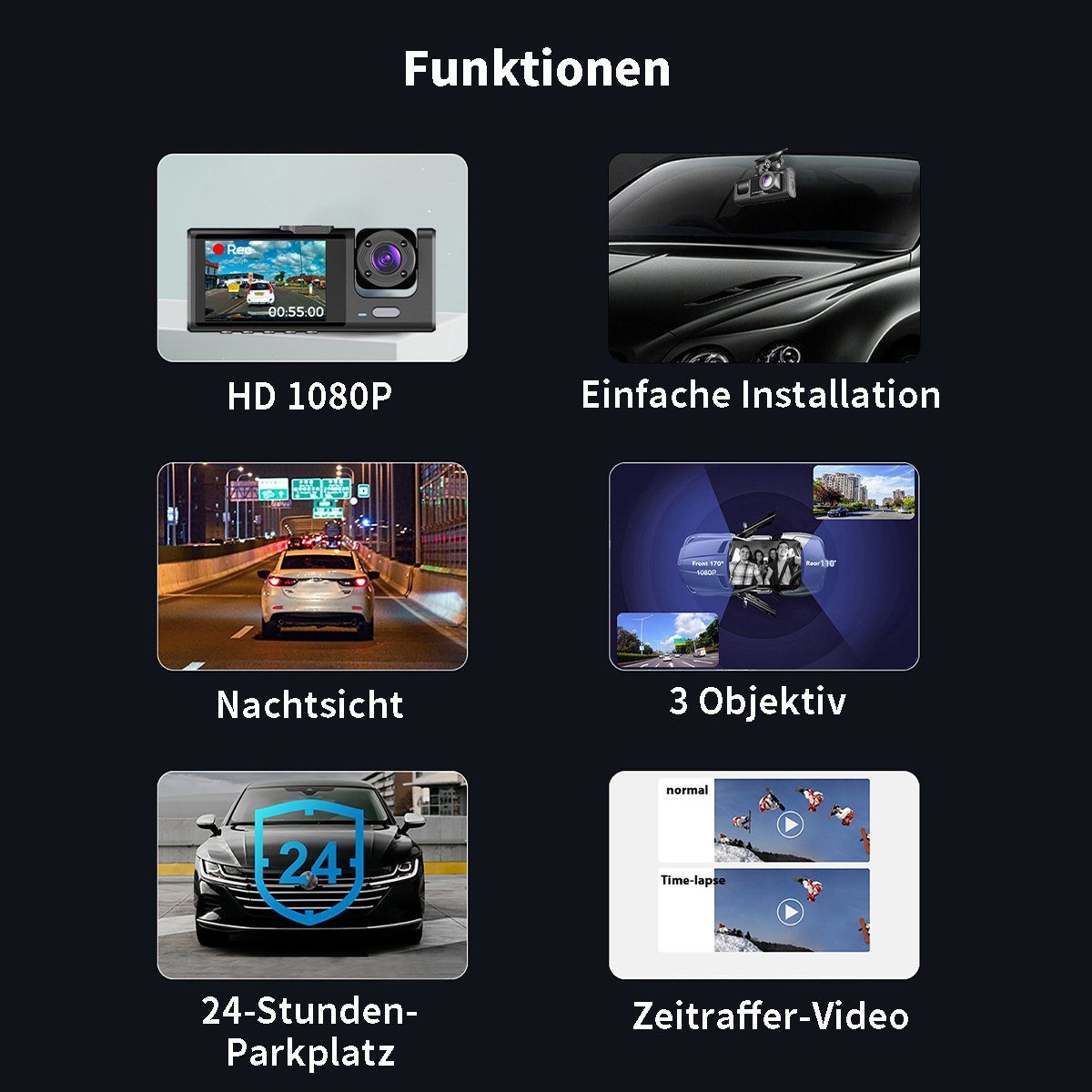Yoyaxi 3-Kanal HD 1080P Auto-WLAN-Kamera Dashcam (Gleichzeitige Videoaufzeichnung im und hinter dem Auto)