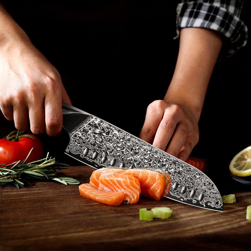 KEENZO Damastmesser Santoku-Messer aus 67 Lagen VG10 Damaststahl Abalone-Muschel Griff