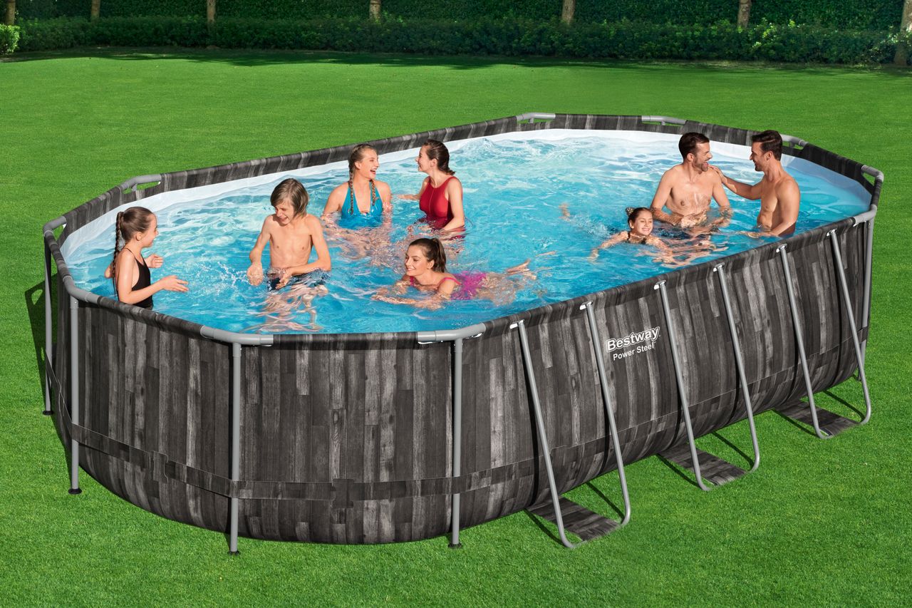 Bestway Power Steel™ Frame Pool Komplett-Set mit Filterpumpe, Holz-Optik (Mooreiche), oval 610 x 366 x 122 cm