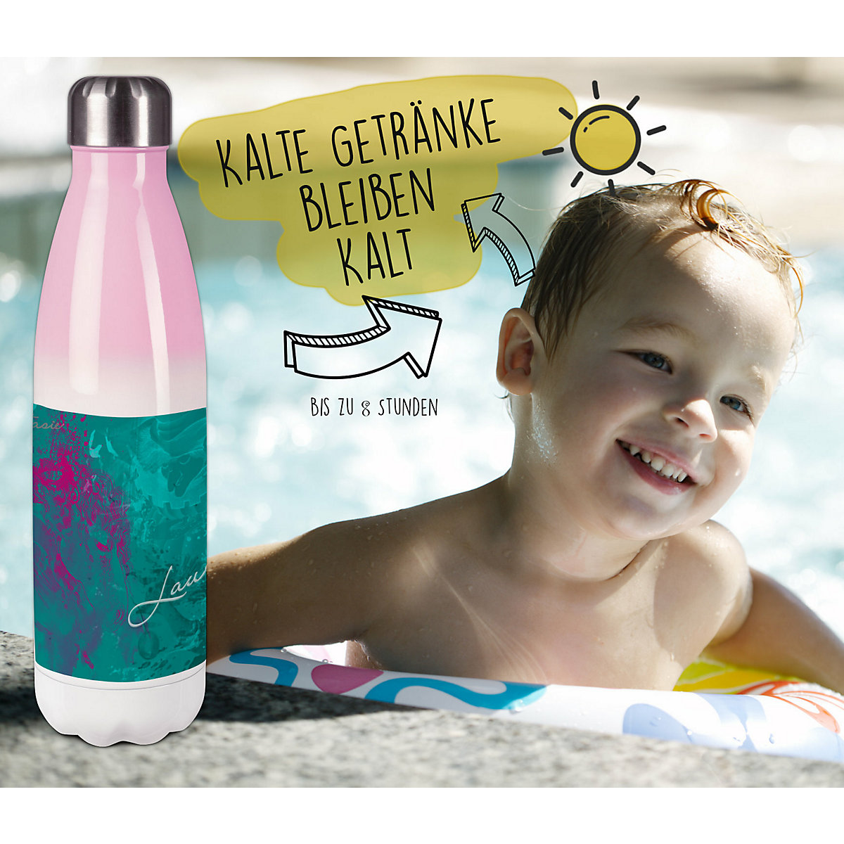 Edelstahl Kinder Thermoflasche / Trinkflasche bunt Traum Farbe petrol pink Spülmaschinenfest, Auslaufsicher, Bruchfest, Doppelwandig, Für Heißgetränke geeignet, Mit Deckel, Isoliert