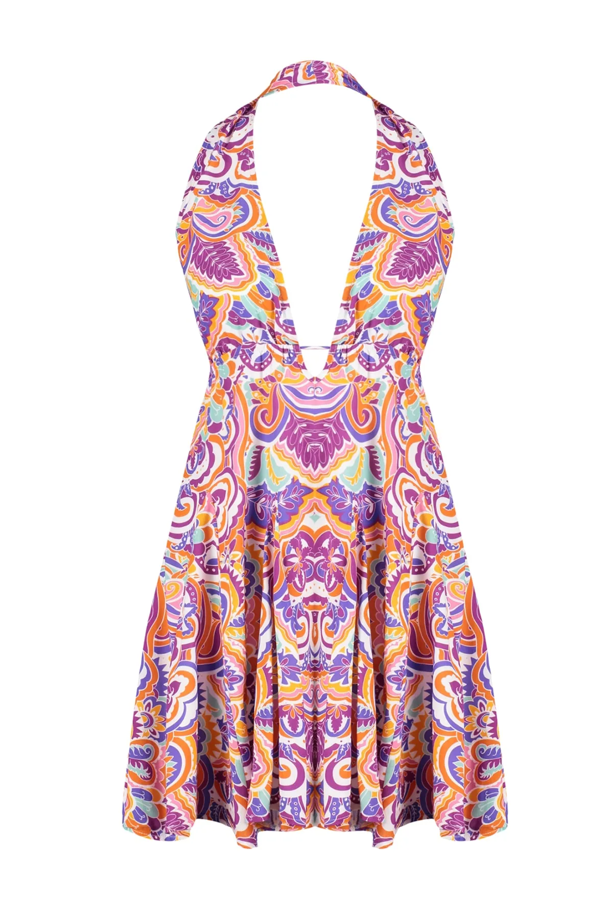 Trendyol Collection  Abstrakt gemustertes rückenfreies Mini-Strandkleid aus Webstoff TBESS23EL00061