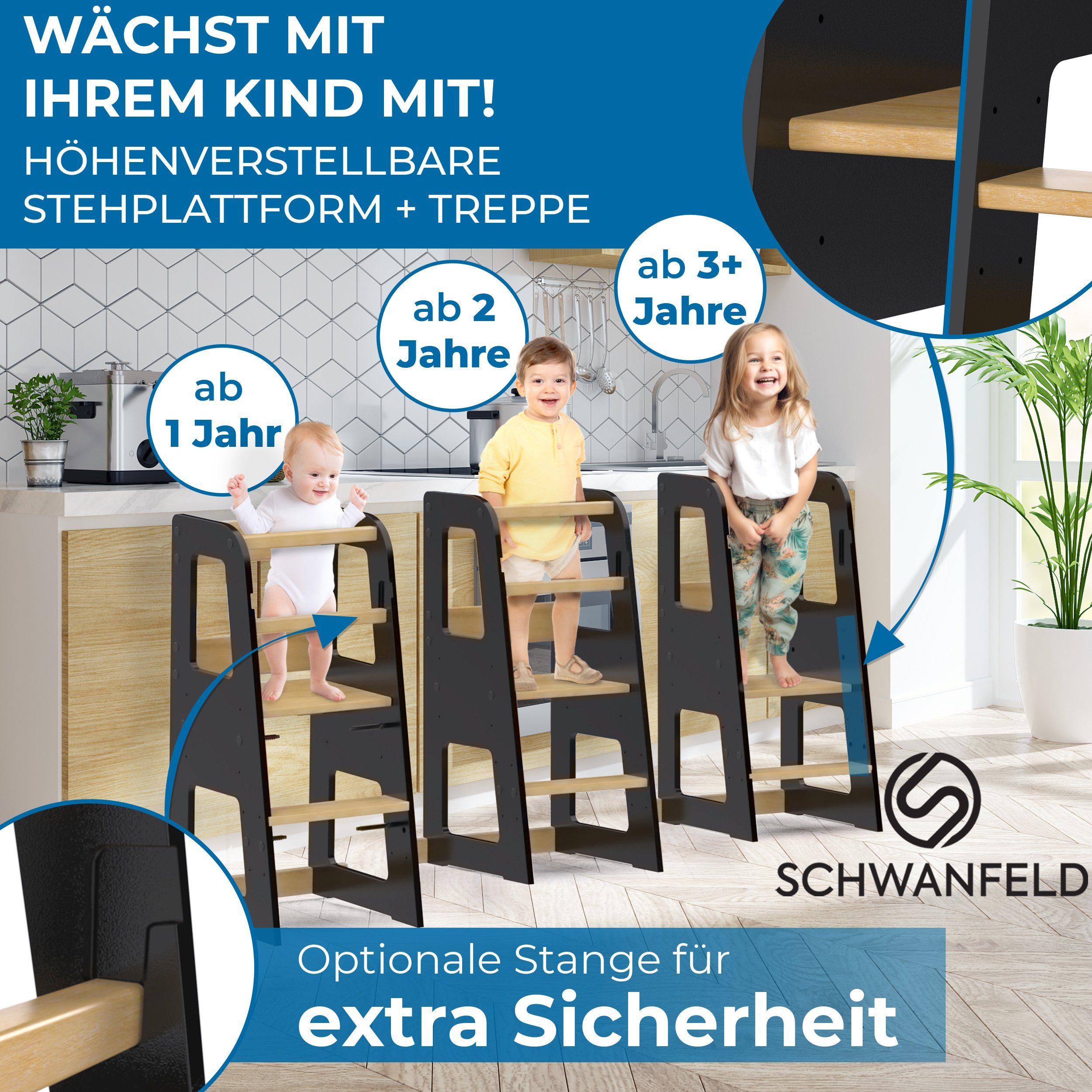 Schwanfeld Stehhilfe - Lernturm ab 1 Jahr [Anti Kipp Schutz] (inkl. Montagezubehör (Montessori Lernturm aus bruchsicherem FSC Massivholz), (bis zu 50kg belastbar), Learning Tower 3 Level (höhenverstellbar)