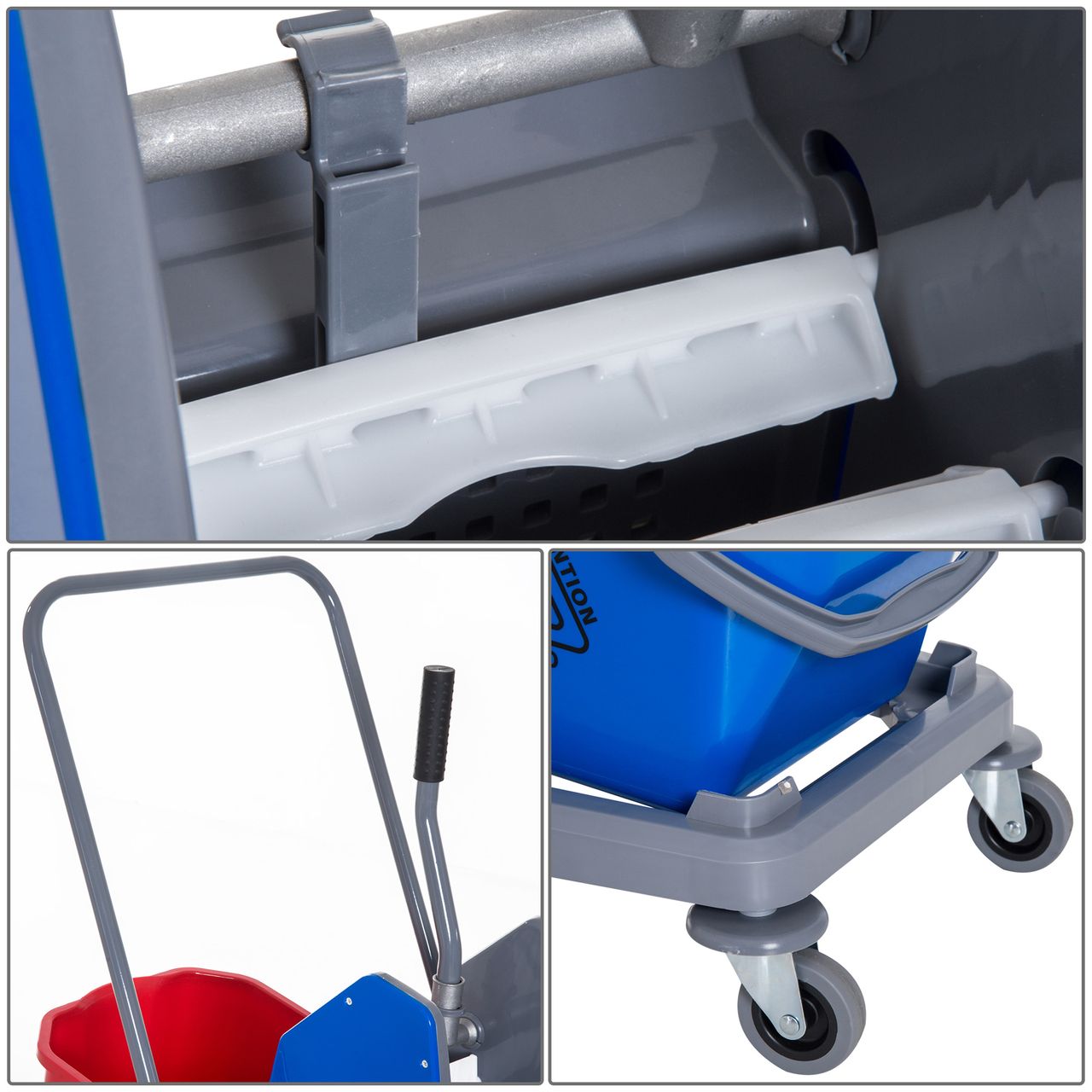 HOMCOM Putzwagen Reinigungswagen Wischwagen mit 2 Eimern Systemwagen mit 4 leichtgängigen Rollen Metall PP Blau Rot 73 × 45 × 92 cm