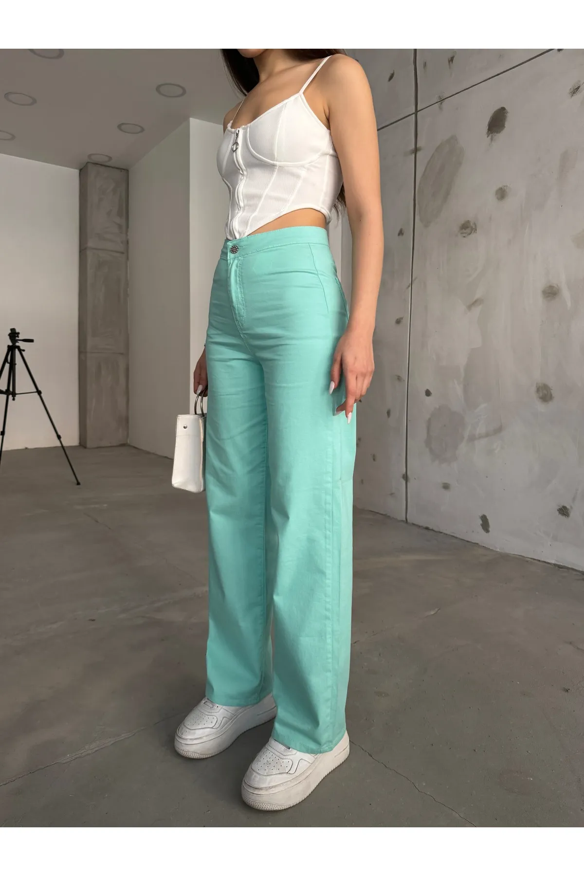 BİKELİFE  Mintgrüne Lycra-Palazzo-Hose mit hoher Taille für Damen