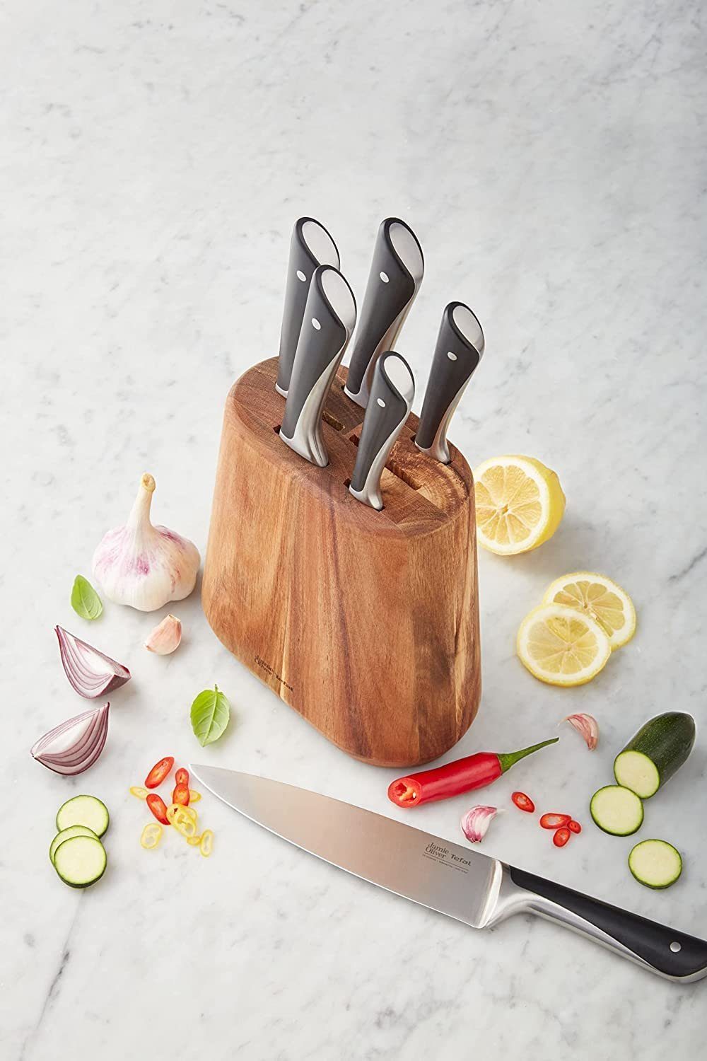 Tefal Messerblock Jamie Oliver K267 Küchenmesser + Holz hohe Schneideleistung Kochmesser (7tlg), Fleischmesser Brotmesser Santokumesser Universalmesser Schälmesser