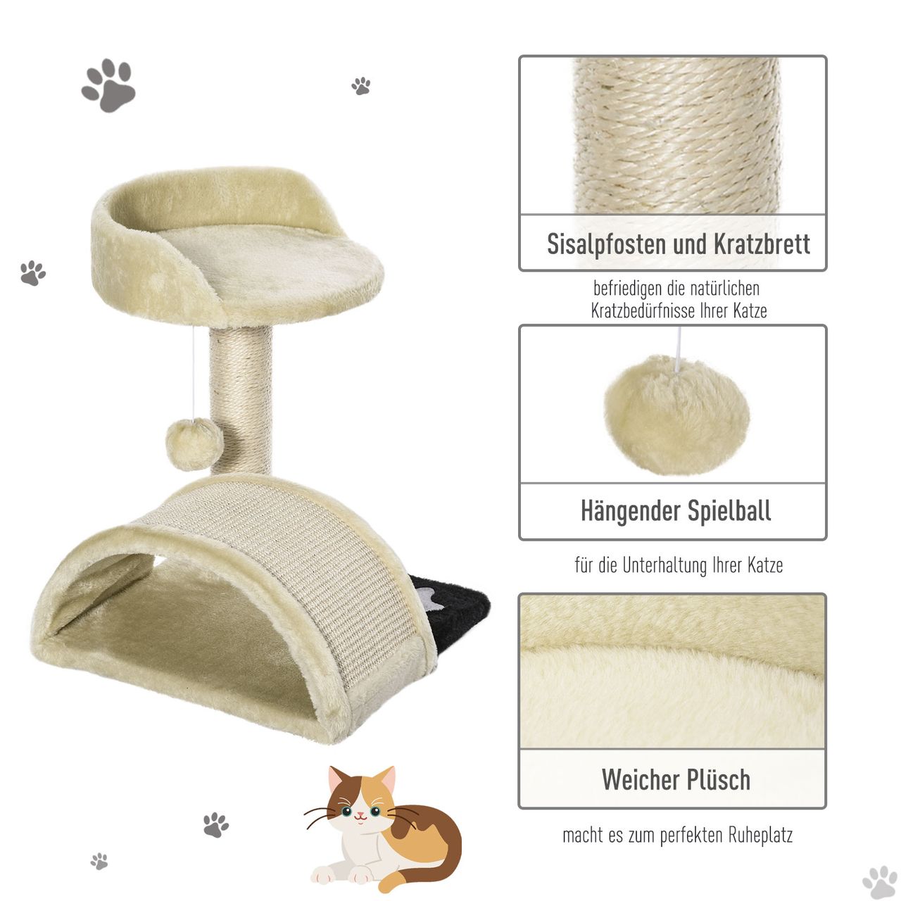PawHut Kratzbaum Katzenbaum mit Spielbällen Sisalseil-Kratzstangen Beige