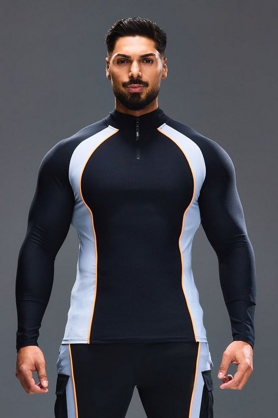 Man Active Slim-Fit Colorblock Trainingsoberteil mit 1/4 Reißverschluss