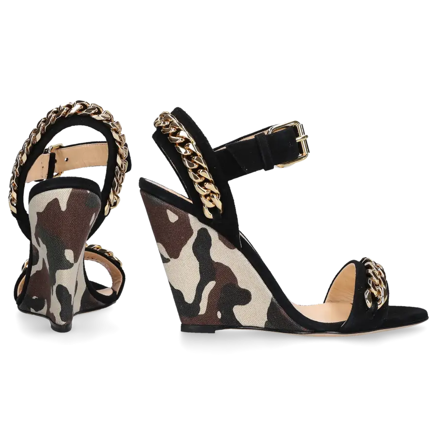 Giuseppe Zanotti - Keilsandalen Coline Knöchelriemchen Veloursleder schwarz Canvas Camouflage - schwarz