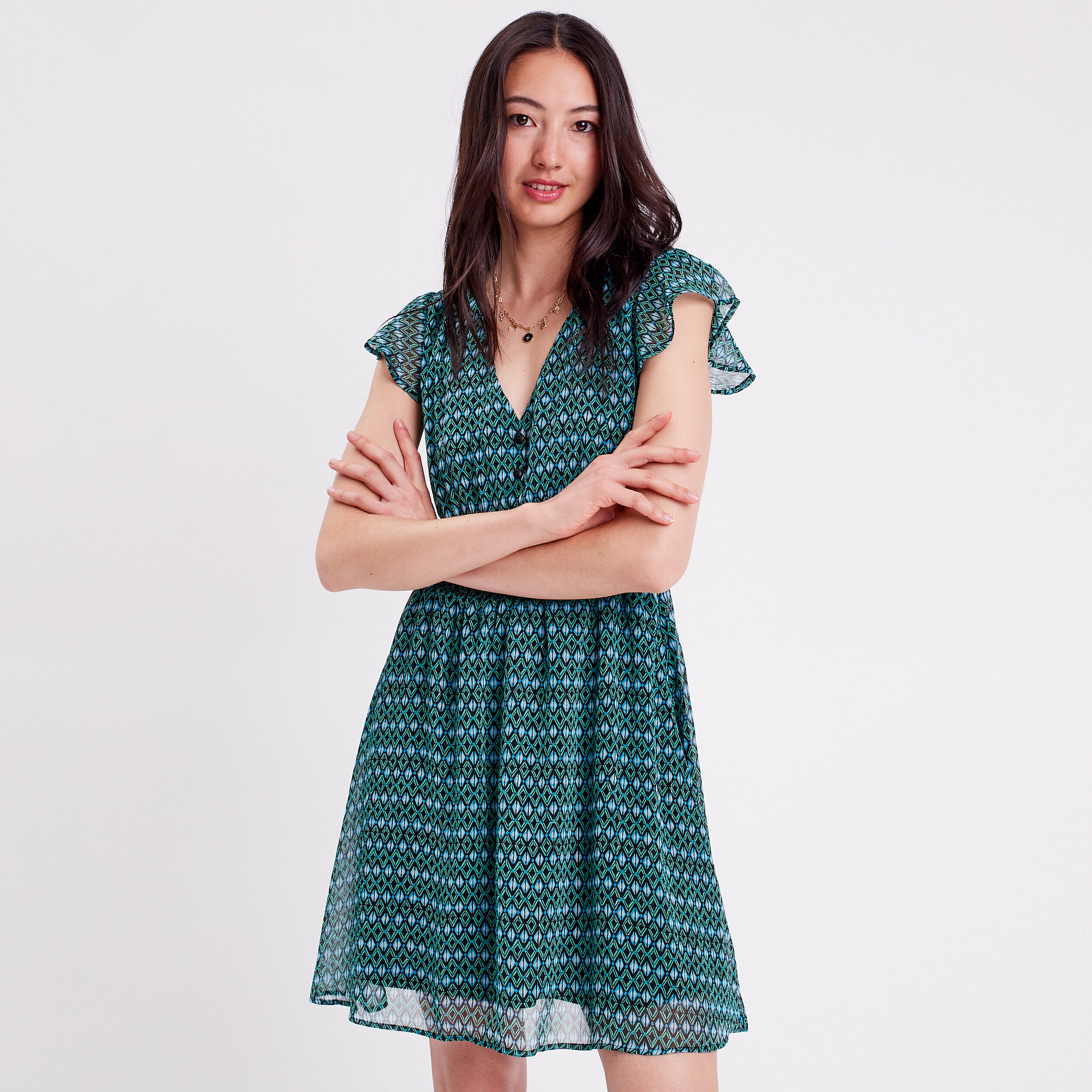 Robe évasée manches courtes bleu femme | Cache Cache