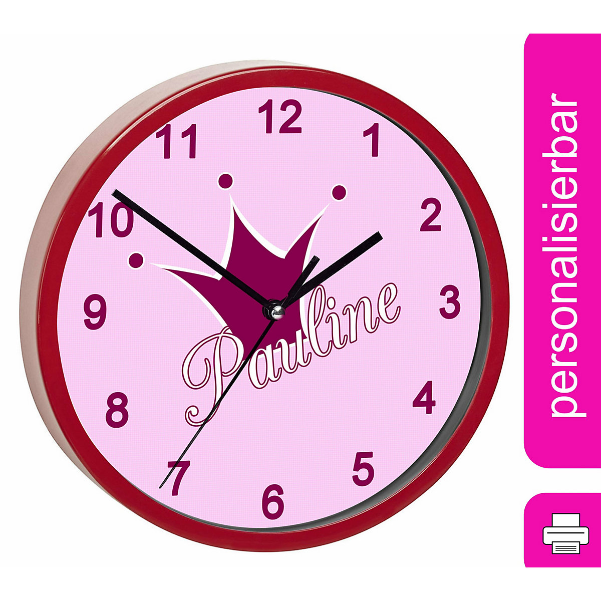 Kinder Wanduhr personalisiert mit Name Krone rosa