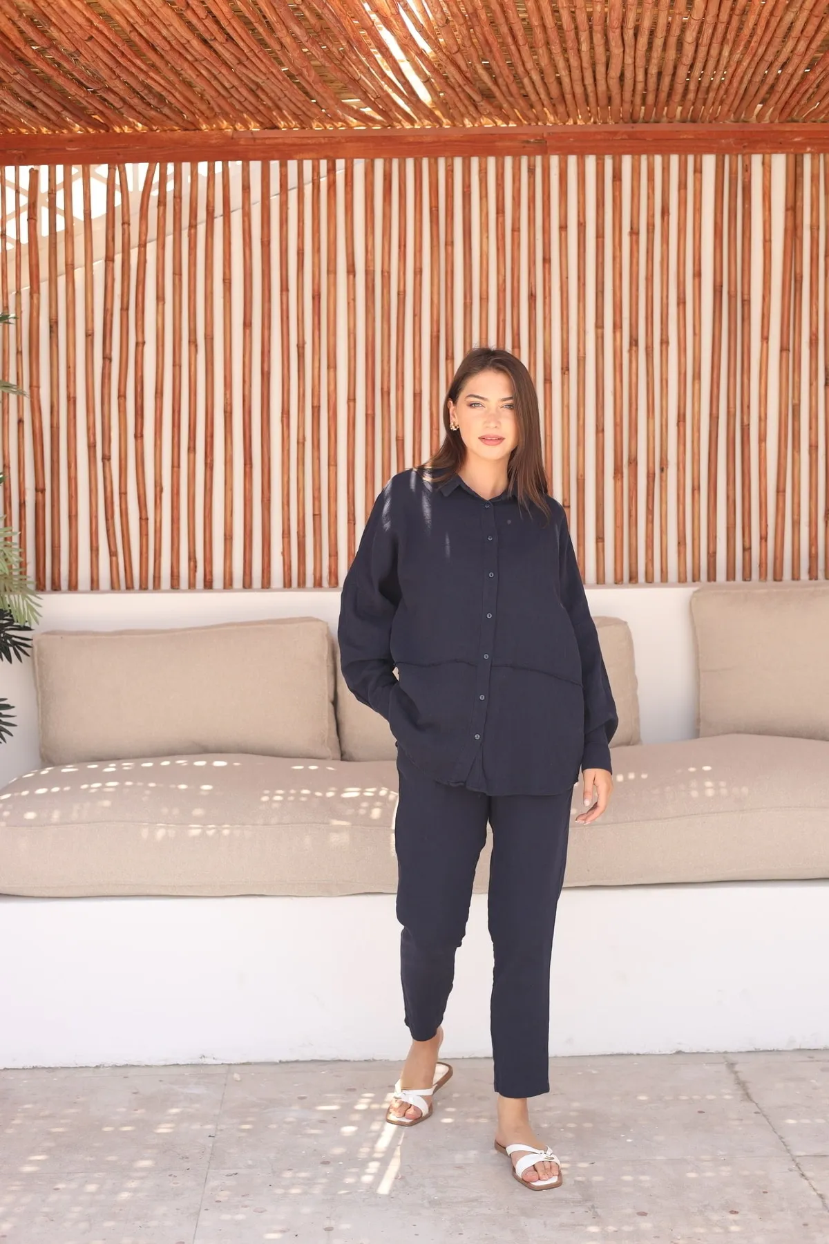 Laluvia  Marineblauer, roher Leinenhemd-Hose-Damenanzug