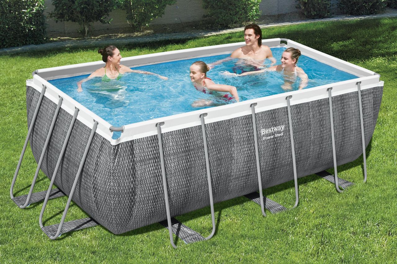 Bestway Power Steel™ Frame Pool Set mit Filterpumpe 412 x 201 x 122 cm, Rattan-Optik, eckig