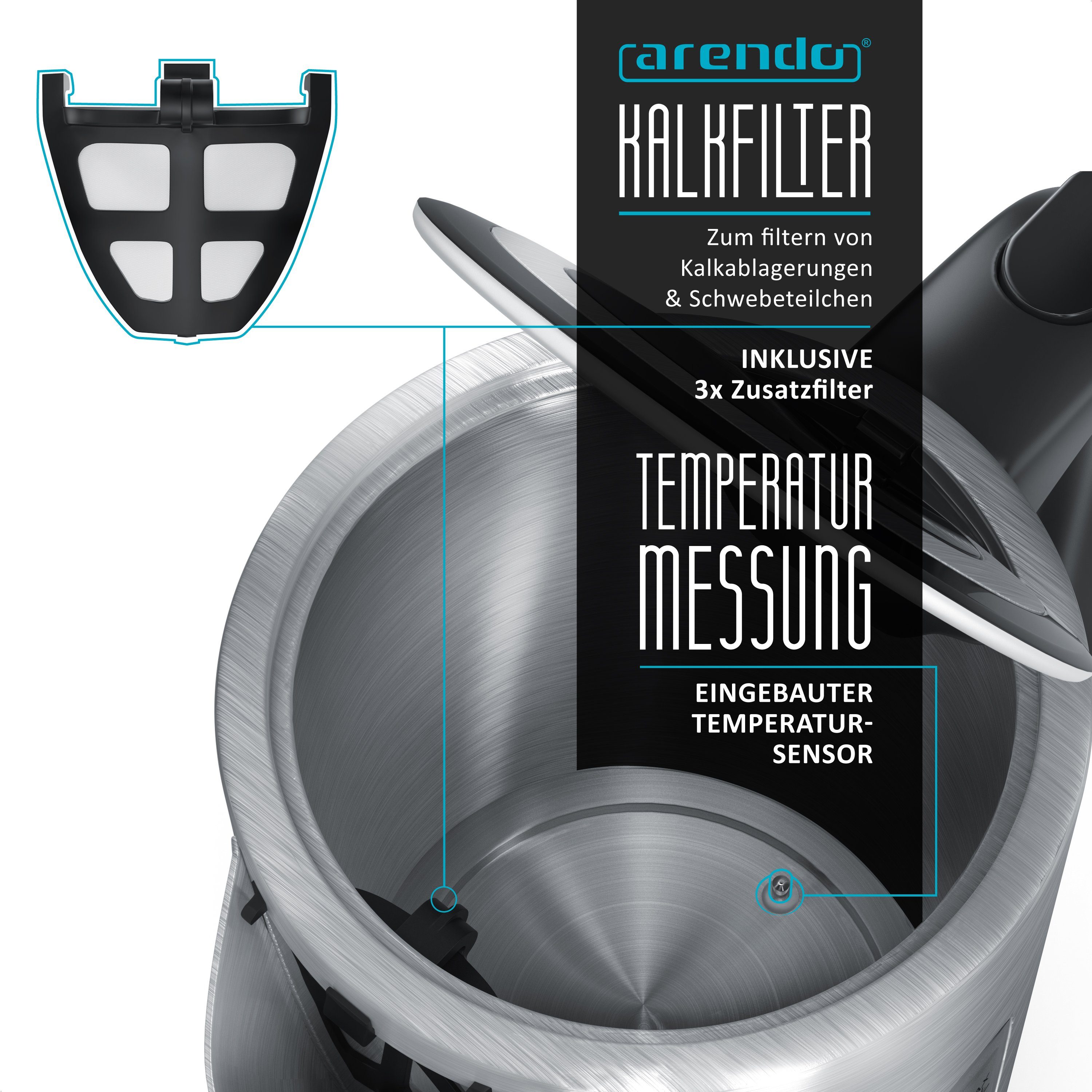 Arendo Frühstücks-Set (3-tlg), Wasserkocher 1,7l, 2-Scheiben Toaster, Eierkocher 7-fach, Edelstahl