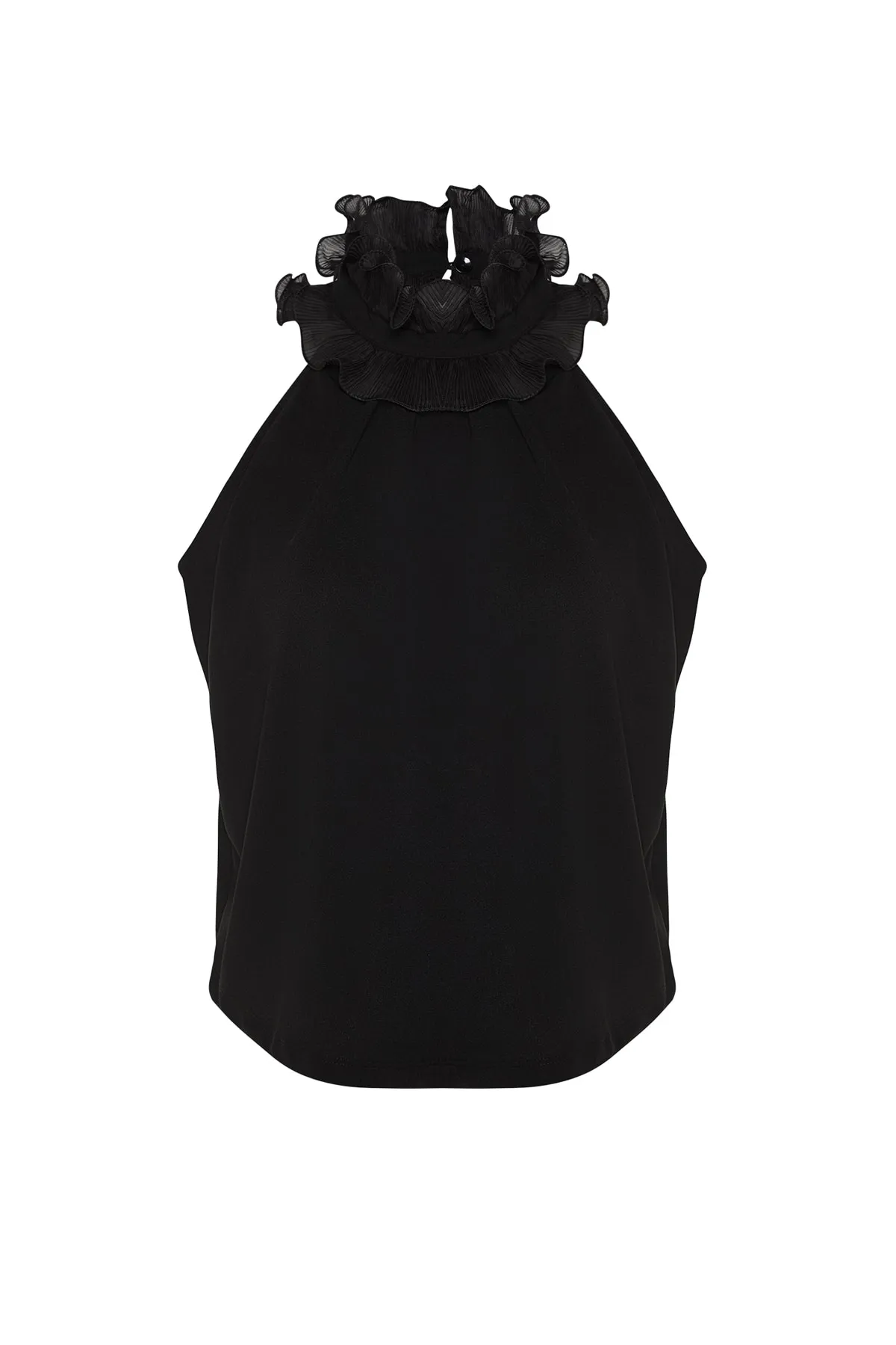 Trendyol Collection  Schwarze Bluse aus elegantem Crêpe-Strick mit Kragen und Details TWOSS23BZ00932