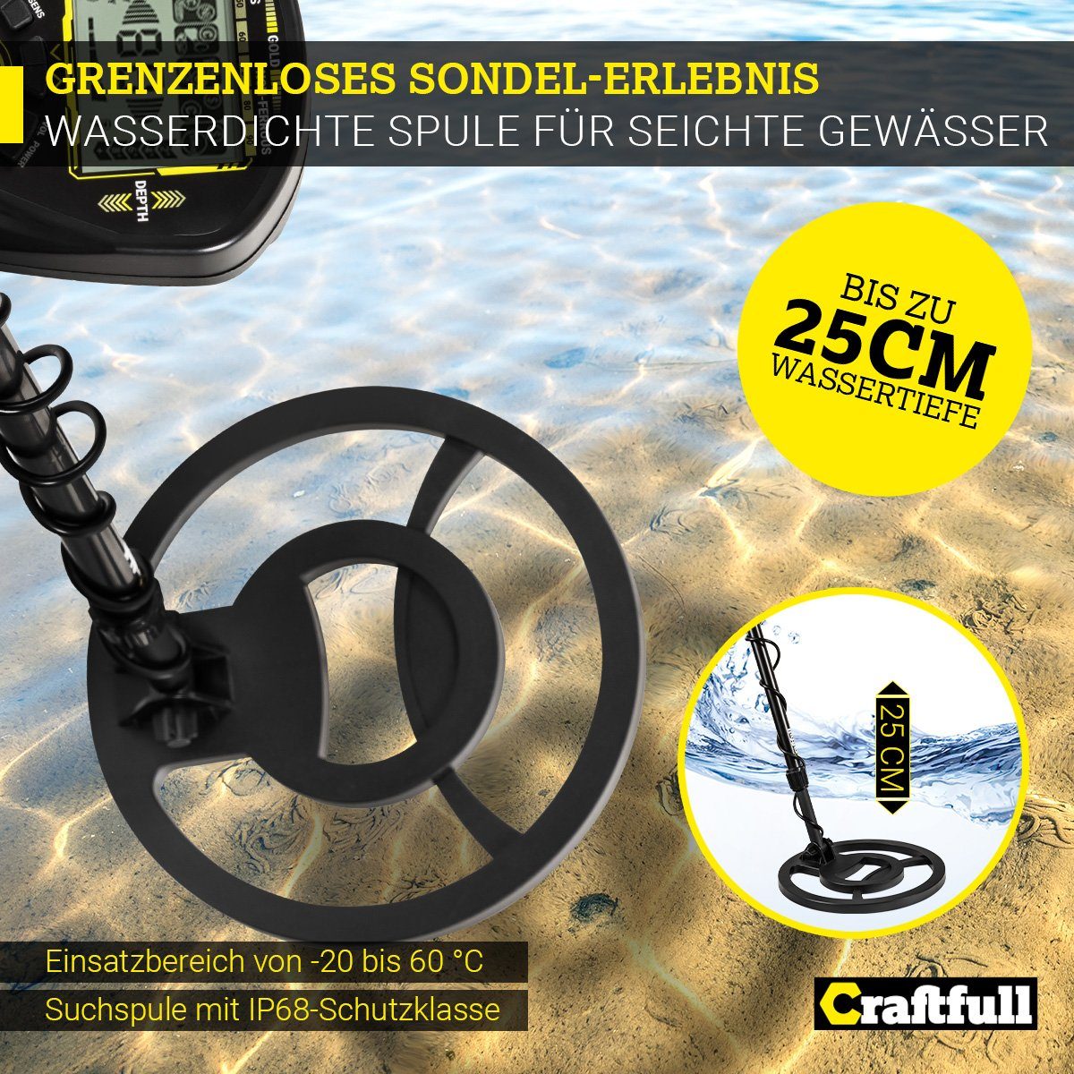 Craftfull Metalldetektor Metallsuchgerät Detector Komplettset XPlorer Pro inkl. Transporttasche, mit Gürtel-Tasche, Sondeln bis 30 cm Tiefe, 5 Modi, großes LCD-Display