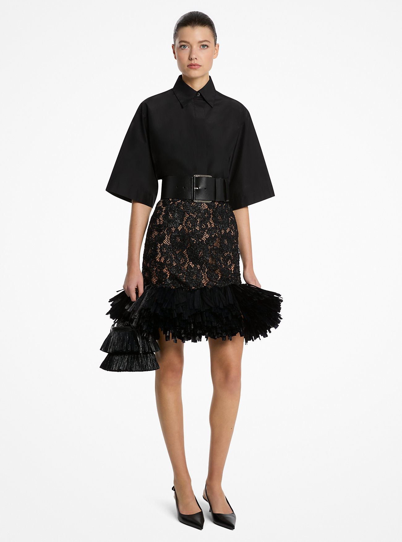 Hand-Embroidered Floral Lace and Fringe Skirt - BLACK