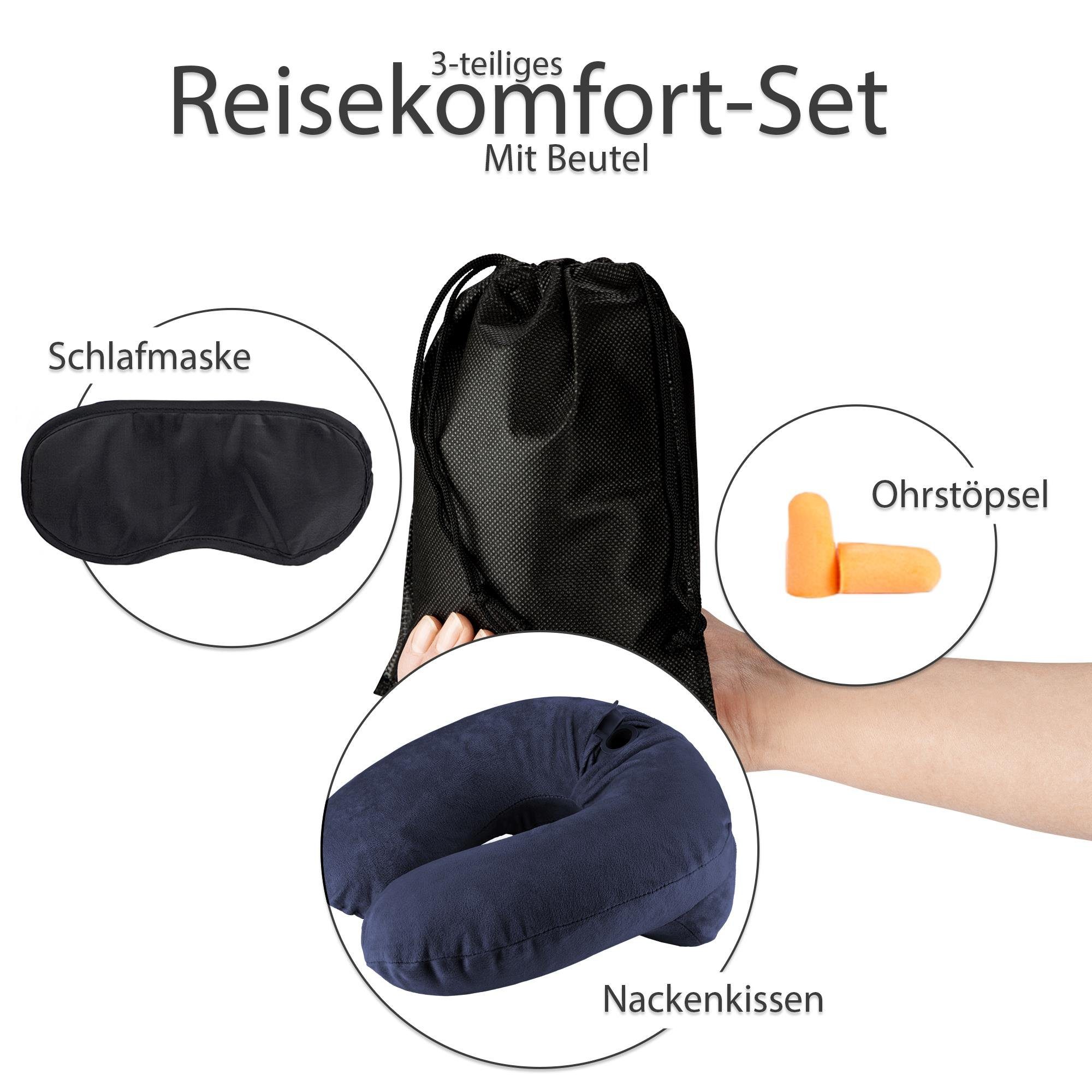 EAZY CASE Nackenhörnchen Aufblasbares Nackenhörnchen mit Stoffbezug, Nackenhörnchen, ergonomisch, U-Form, aufblasbares Nackenkissen, Camping, Weiches Fleece Kissen, Auto Reise Set inklusive Schlafmaske & Ohrstöpsel, Blau