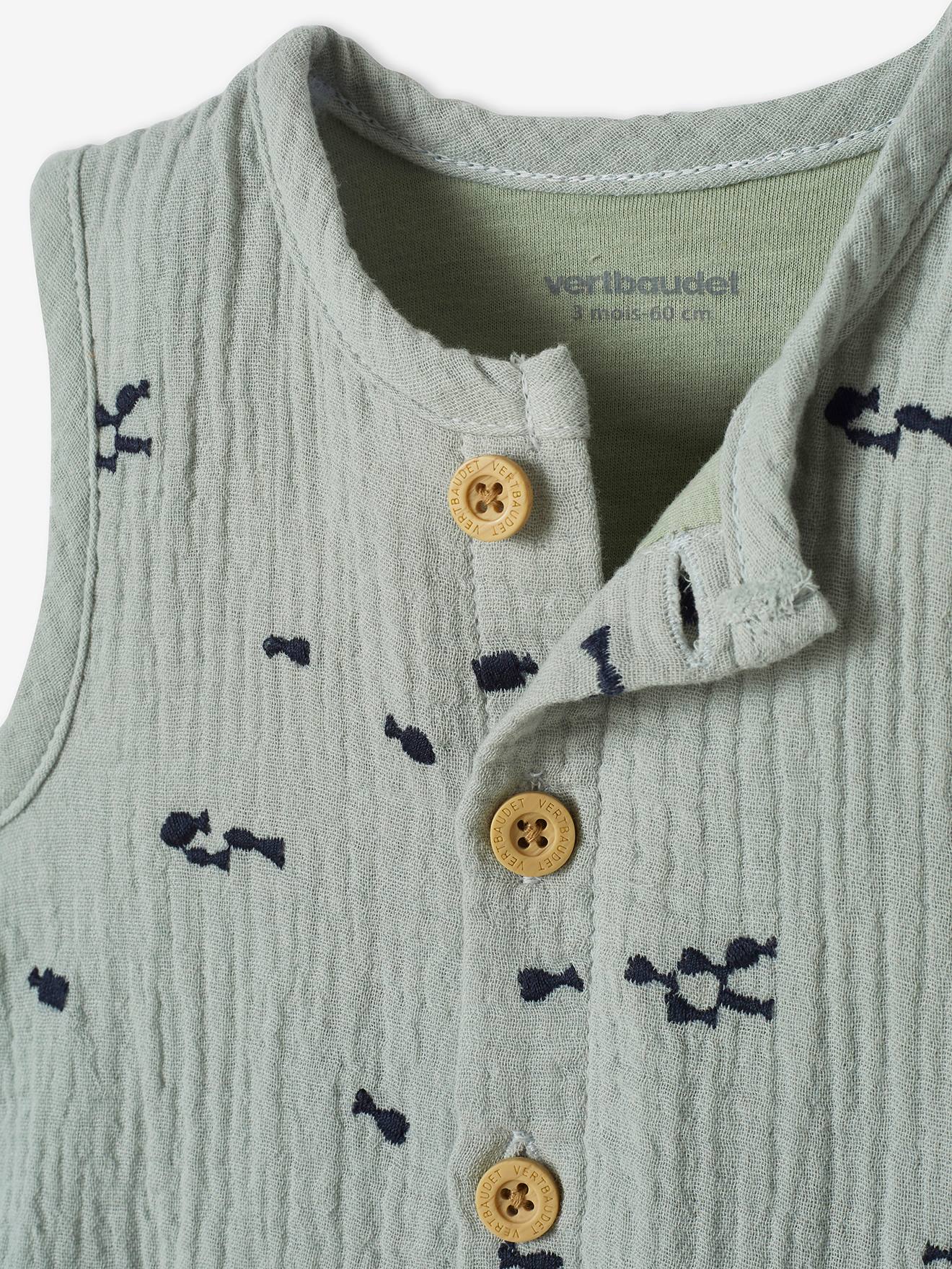 Combinaison bébé naissance garçon en gaze de coton brodée beige