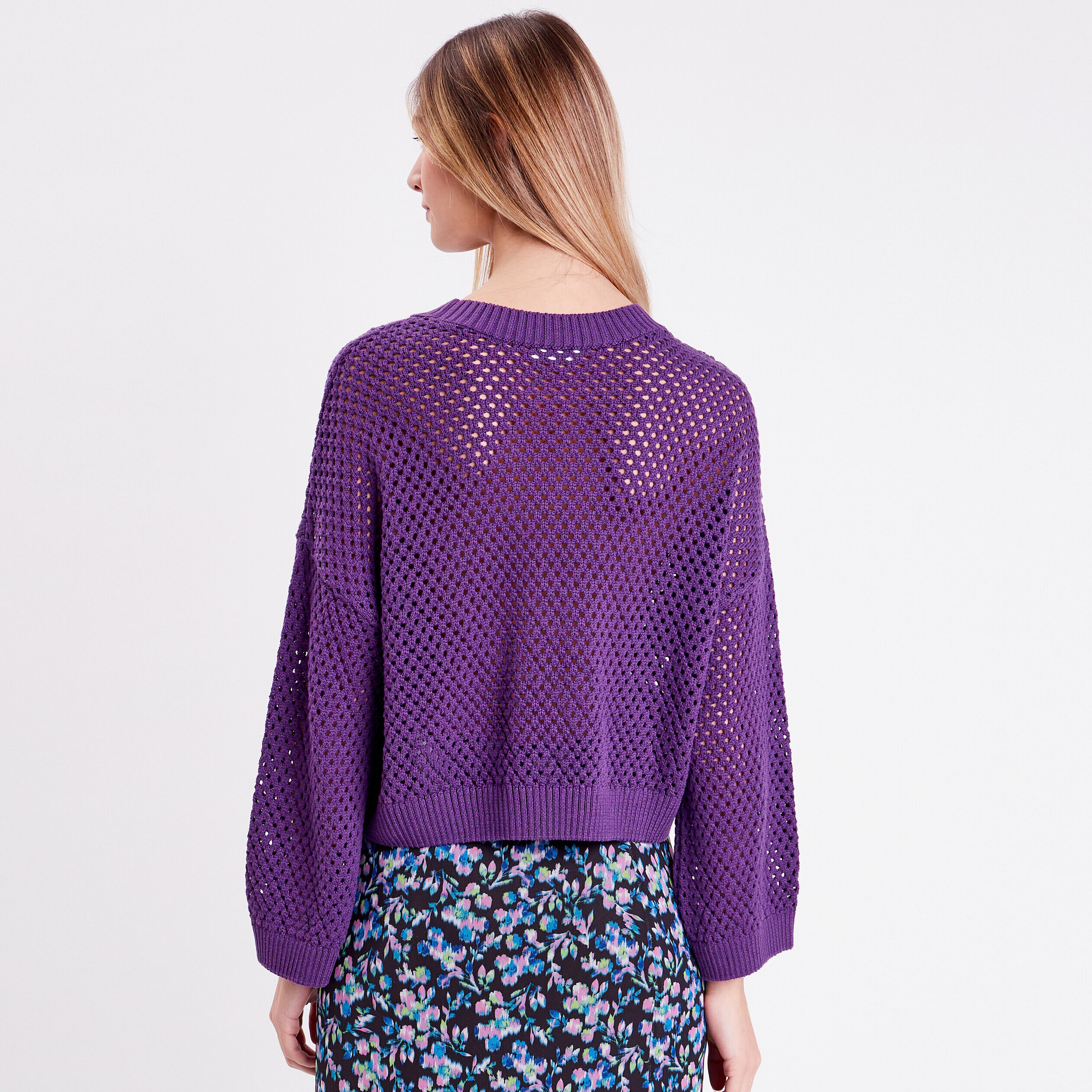 Pull ajouré col rond violet foncé femme | Cache Cache