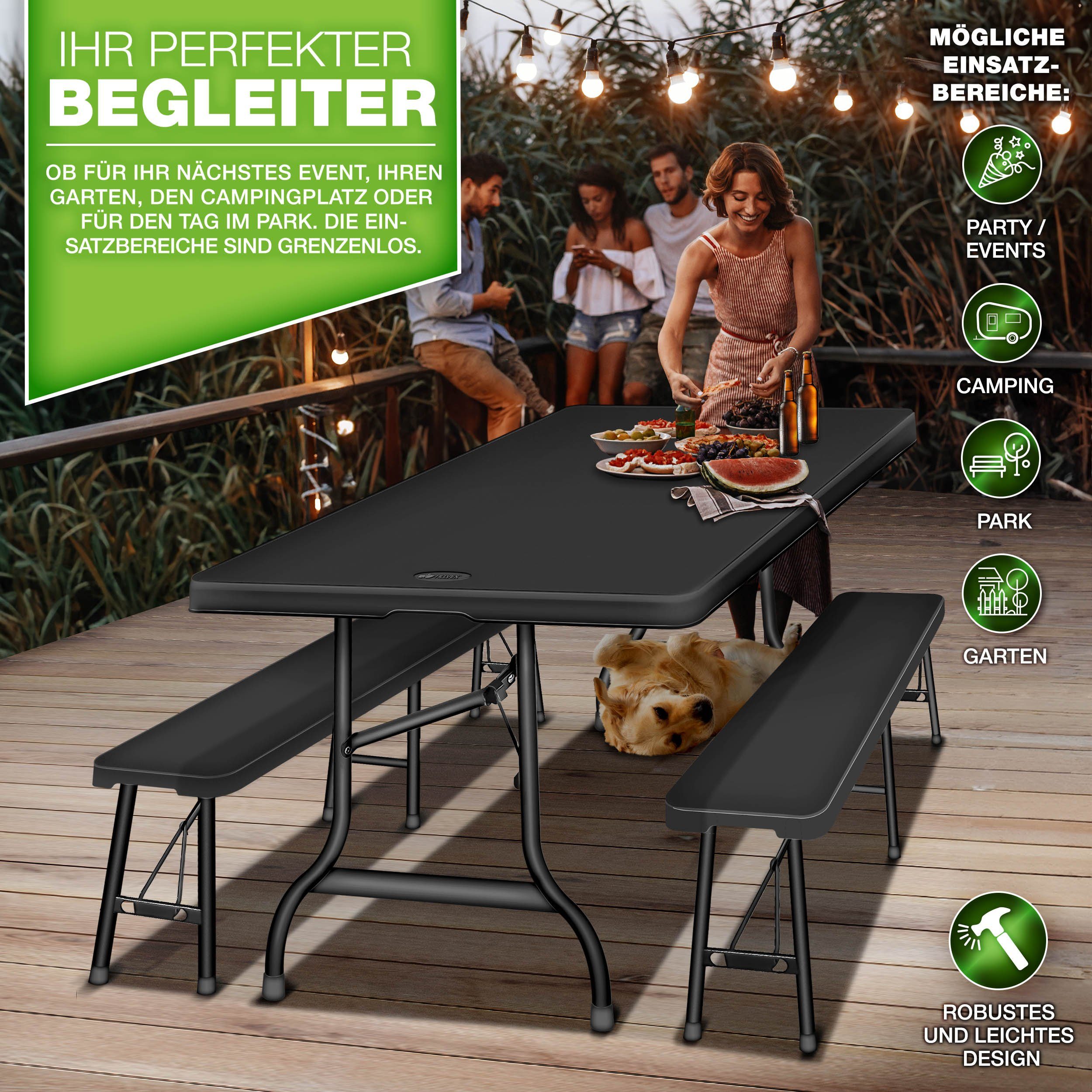 tillvex Bierzeltgarnitur klappbar 3-teilig Set Kunststoff Gartengarnitur wetterfest 180 cm, (Gartenmöbel Set Indoor & Outdoor mit Gartentisch und Bänken, Festzeltgarnitur)