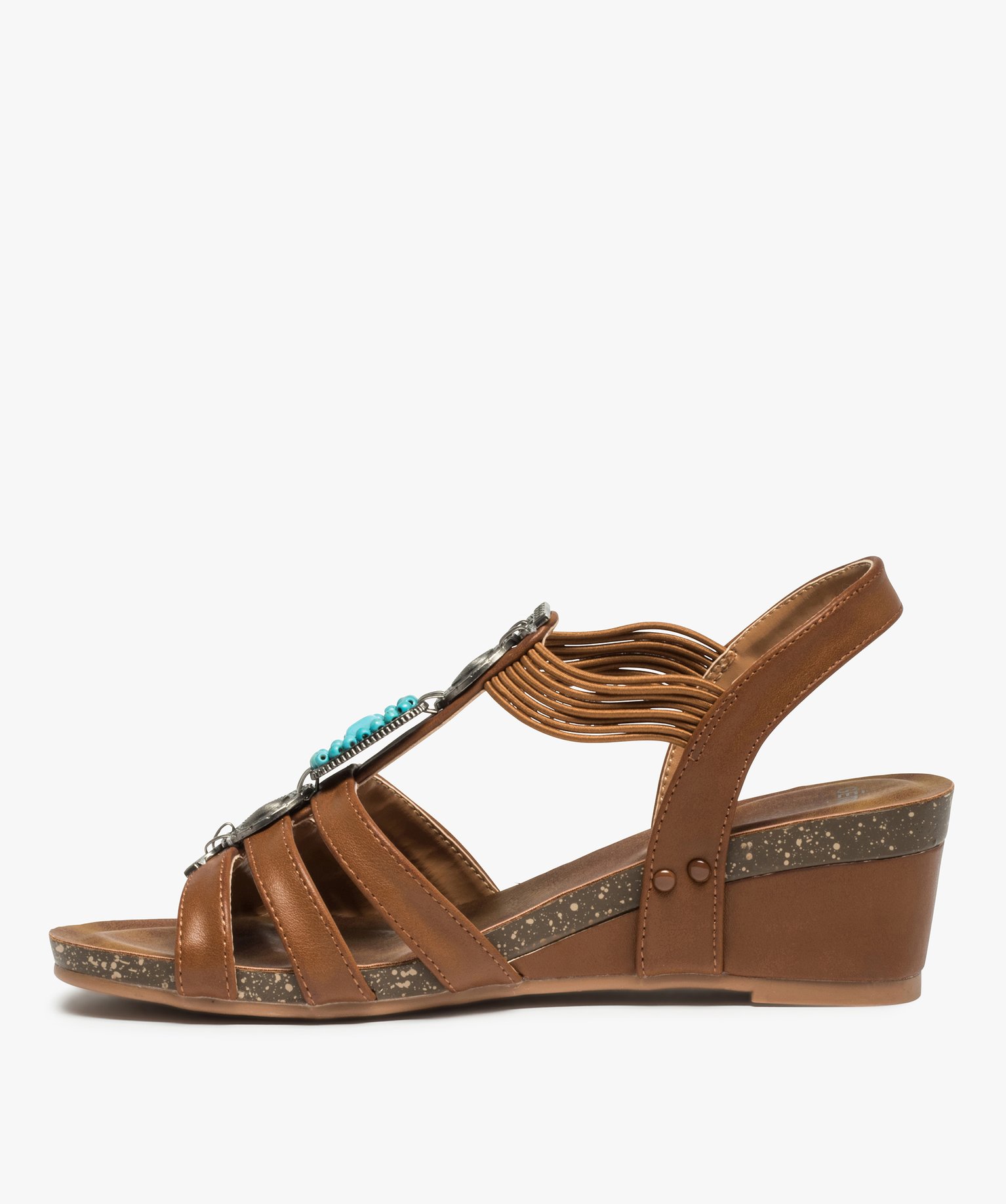 Sandales femme à talon dessus uni orné de perles et métal camel | GEMO
