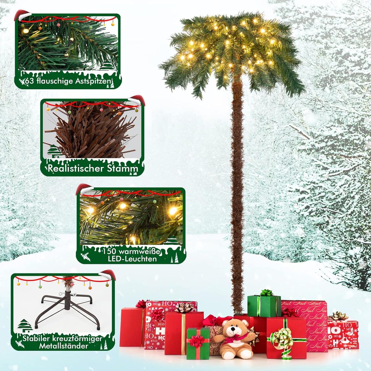 Costway 150 cm Künstliche Palme beleuchtet, Kunstbaum mit 150 LED-Lichtern in Warmweiß