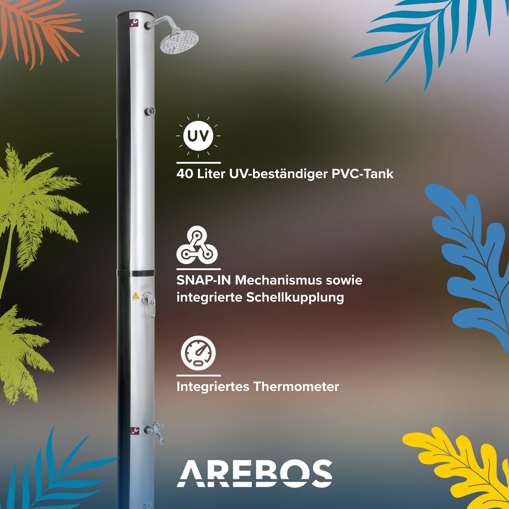 Arebos Solardusche 40 Liter, 220 cm, inkl. Abdeckhaube, bis 60°C (silber)