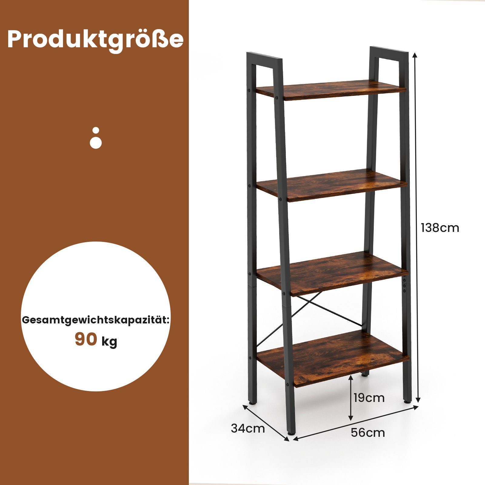COSTWAY Bücherregal, stehend, 4 Ebenen, Metallrahmen, Kippsicherungen, 138cm