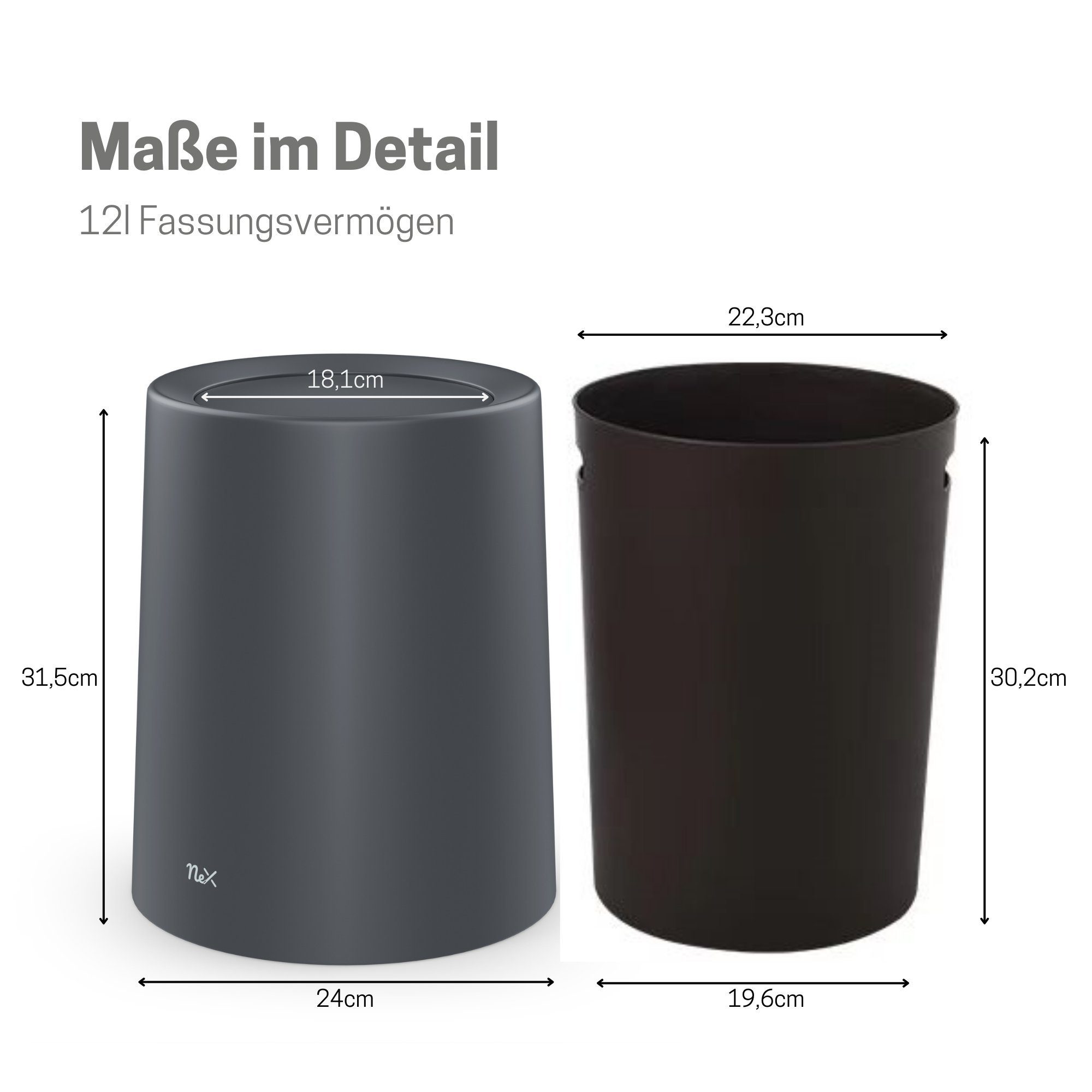 AllBlue products Papierkorb Papierkorb Mülleimer - Matt mit Deckel - Für Küche, Büro & Bad - 12L