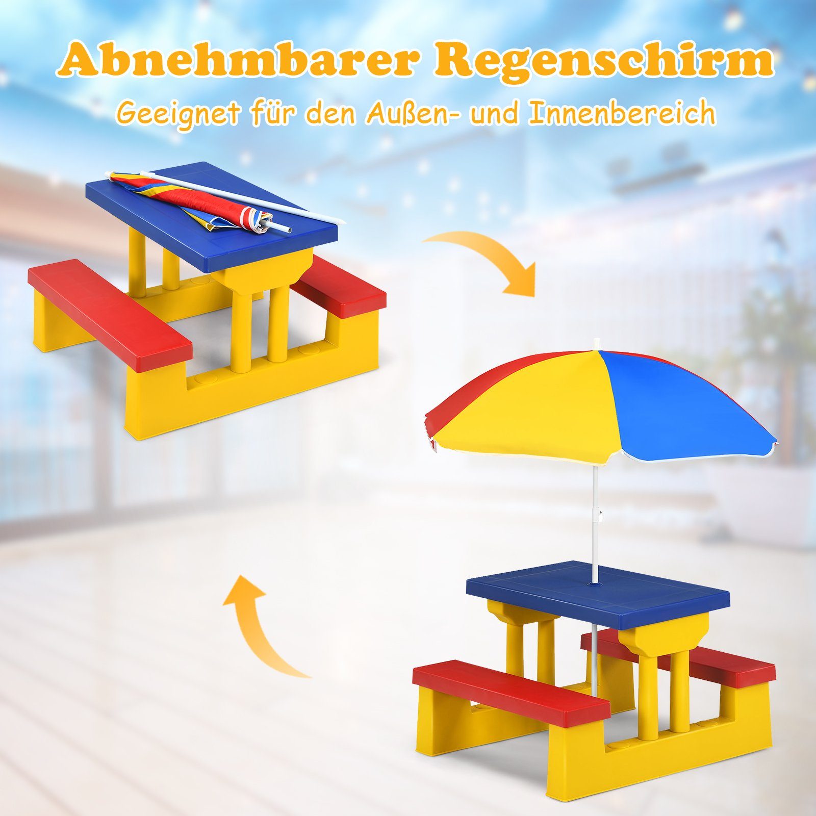 COSTWAY Kindersitzgruppe Sitzgarnitur, Kindertisch, mit Sonnenschirm