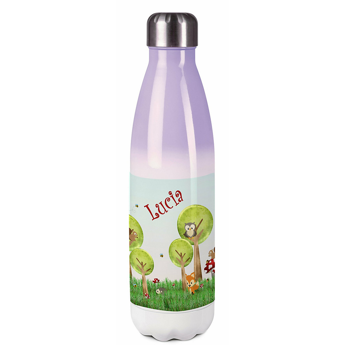 Edelstahl Kinder Thermoflasche / Trinkflasche bunt Waldwiese Spülmaschinenfest, Auslaufsicher, Bruchfest, Doppelwandig, Für Heißgetränke geeignet, Mit Deckel, Isoliert