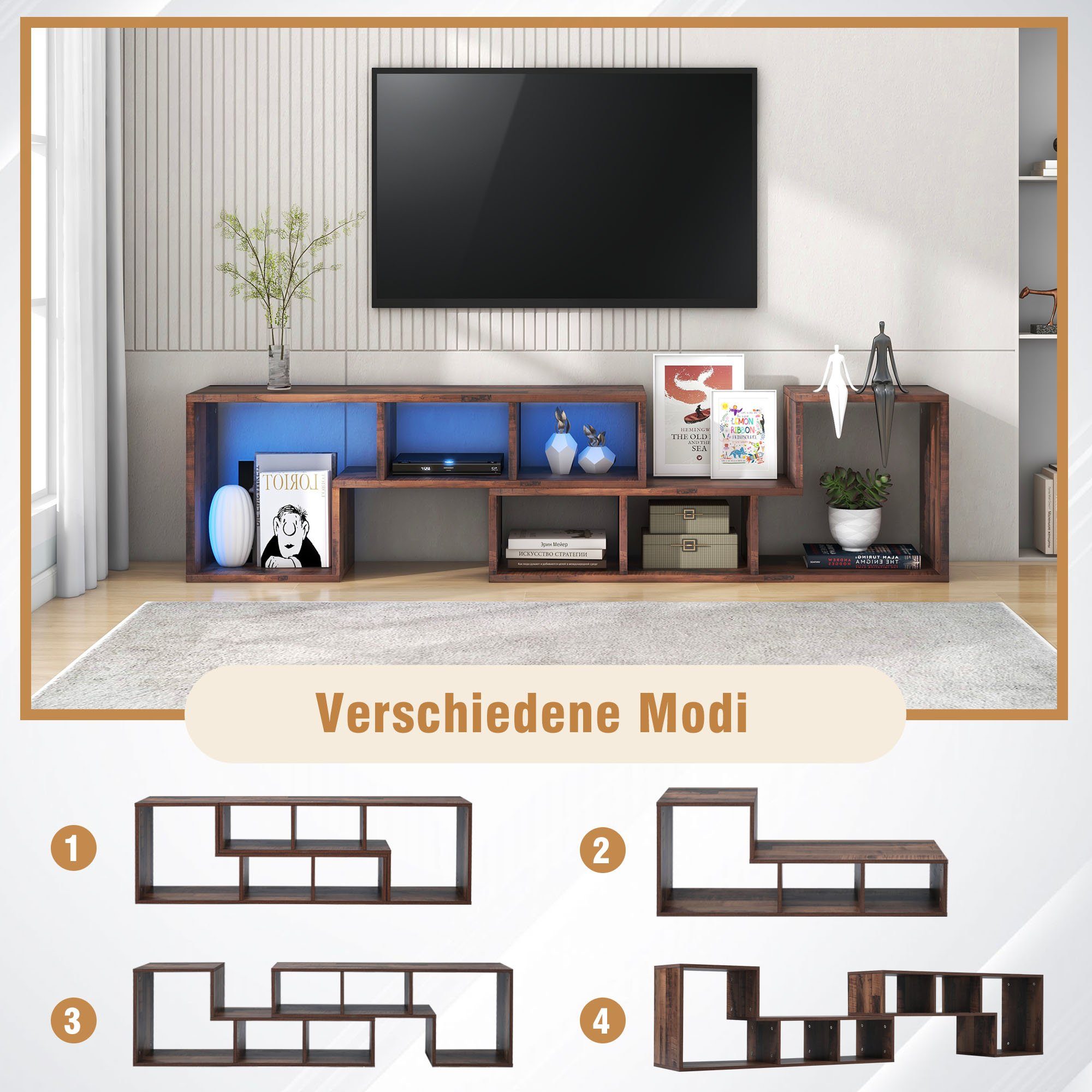 REDOM TV-Schrank Lowboard,verstellbar mit LED-Beleuchtung Bücherregal, TV-Ständer
