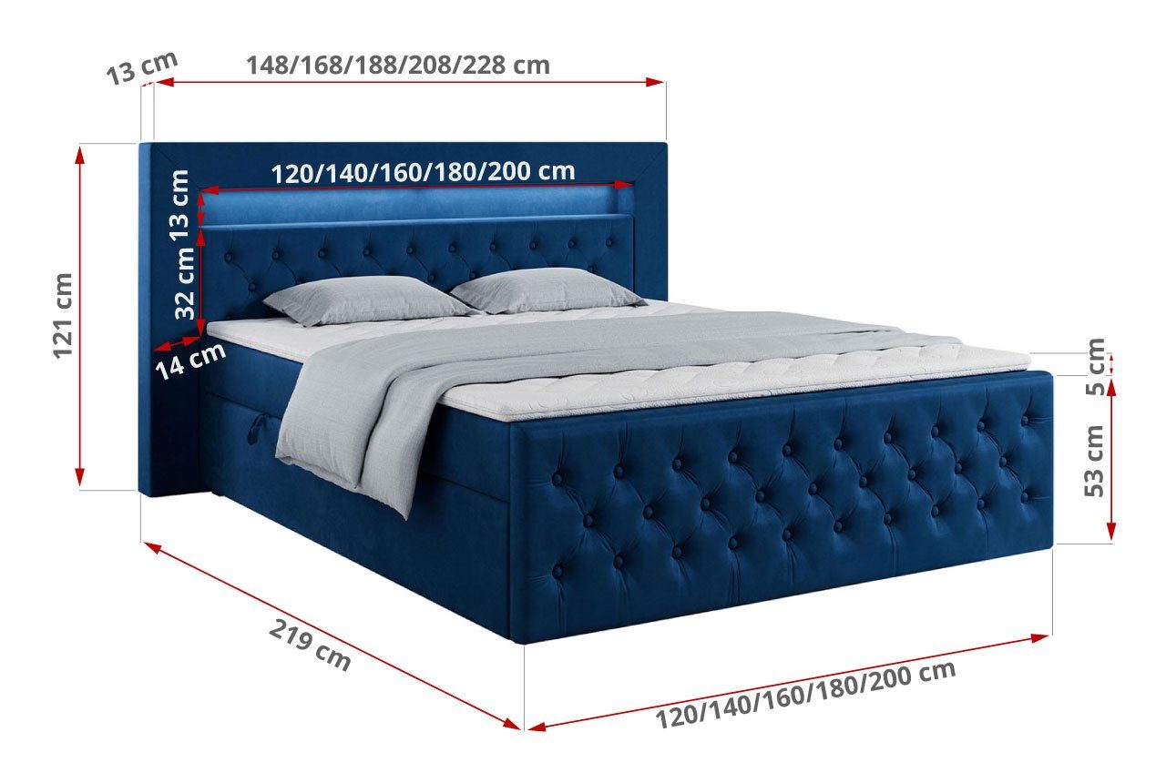 MKS MÖBEL Boxspringbett GOLD9, Doppelbett mit Multipocket-Matratze und Topper - Polsterbett