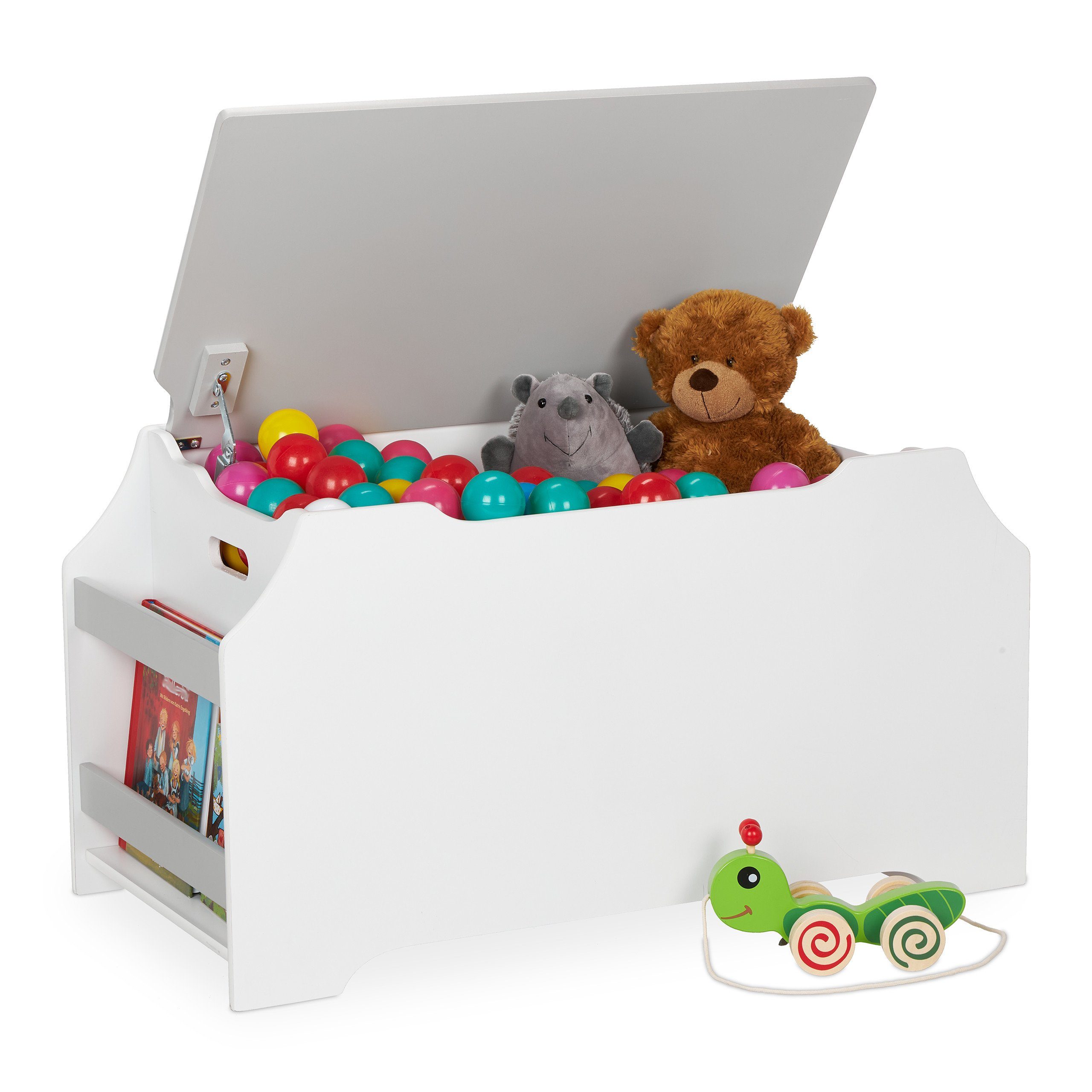 relaxdays Spielzeugtruhe Spielzeugtruhe mit Bücherfächern