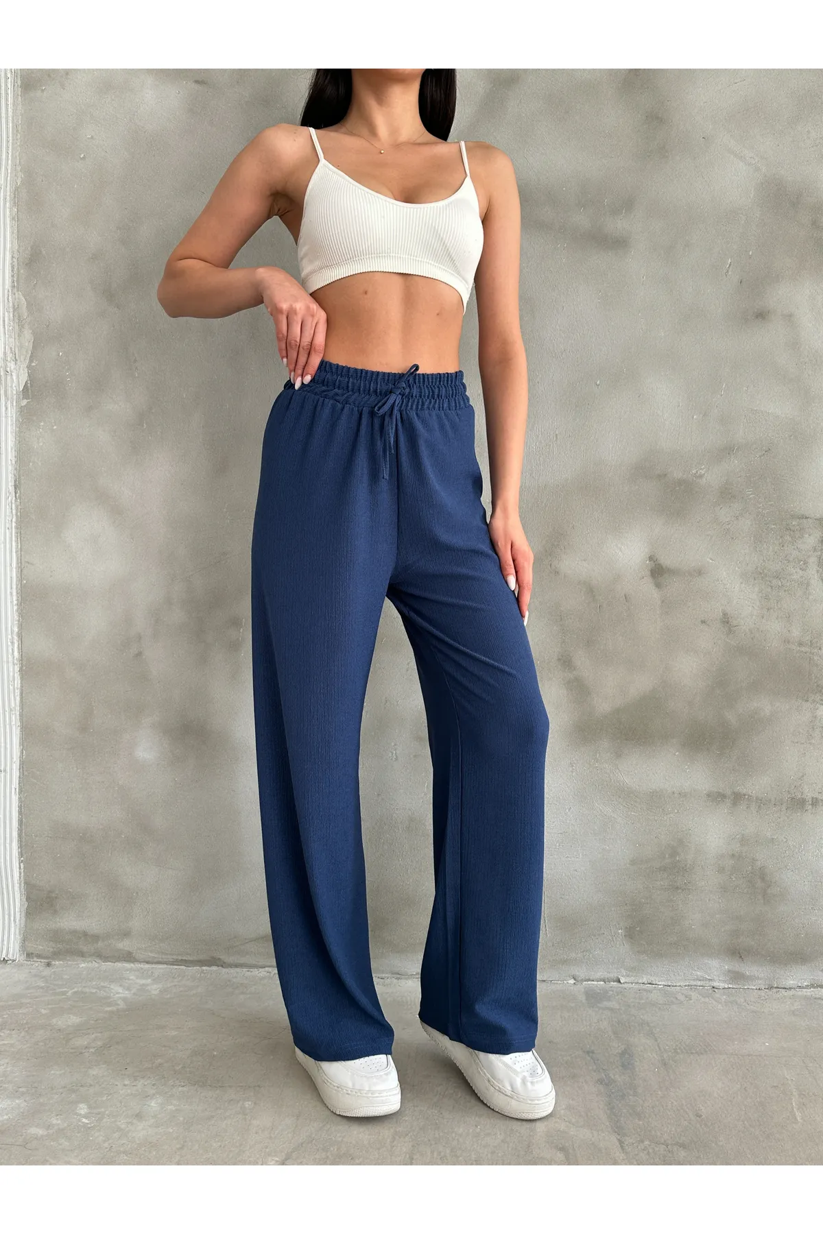 BEJNA  Marineblaue Palazzo-Hose für Damen – elastischer Bund