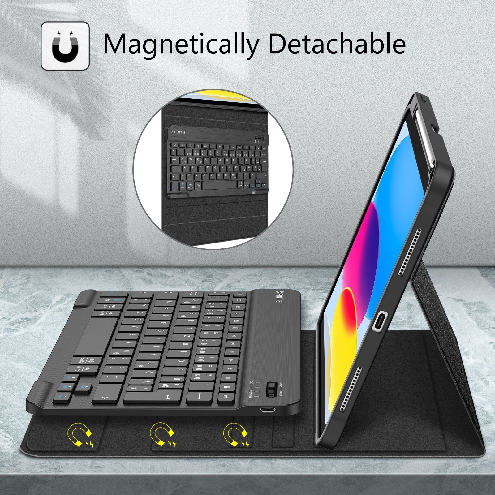 Fintie Tablet-Hülle Tastatur Hülle für iPad 10. Gen 2022 (10.9 Zoll), mit TPU Rückschale, Pencil Halter und magnetisch Abnehmbarer Tastatur mit QWERTZ Layout