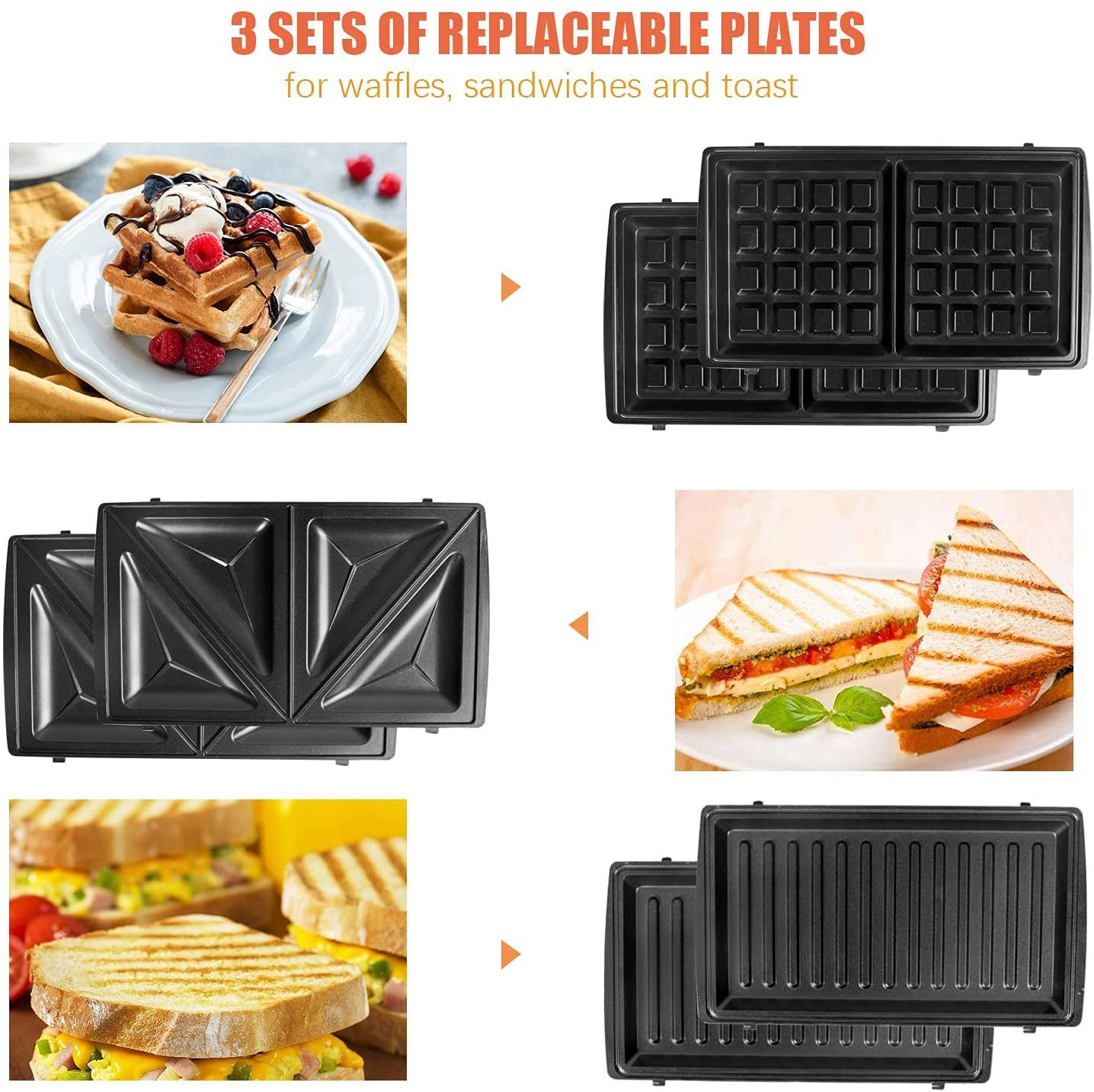 Gotoll 3-in-1-Sandwichmaker HS120N, 750 W, Waffeleisen Sandwichtoaster, Grill wechselplatten, schwarz