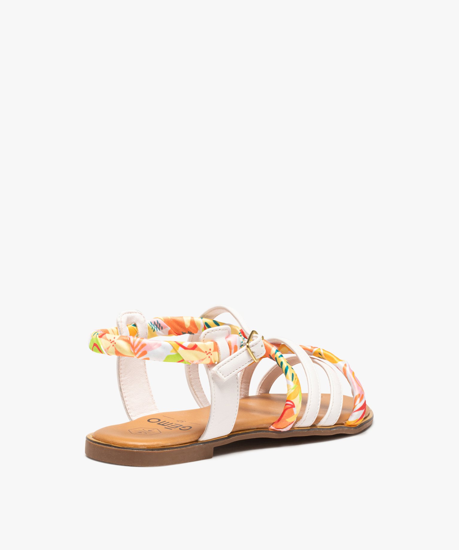 Sandales femme à talon plat et brides foulard imprimé blanc | GEMO