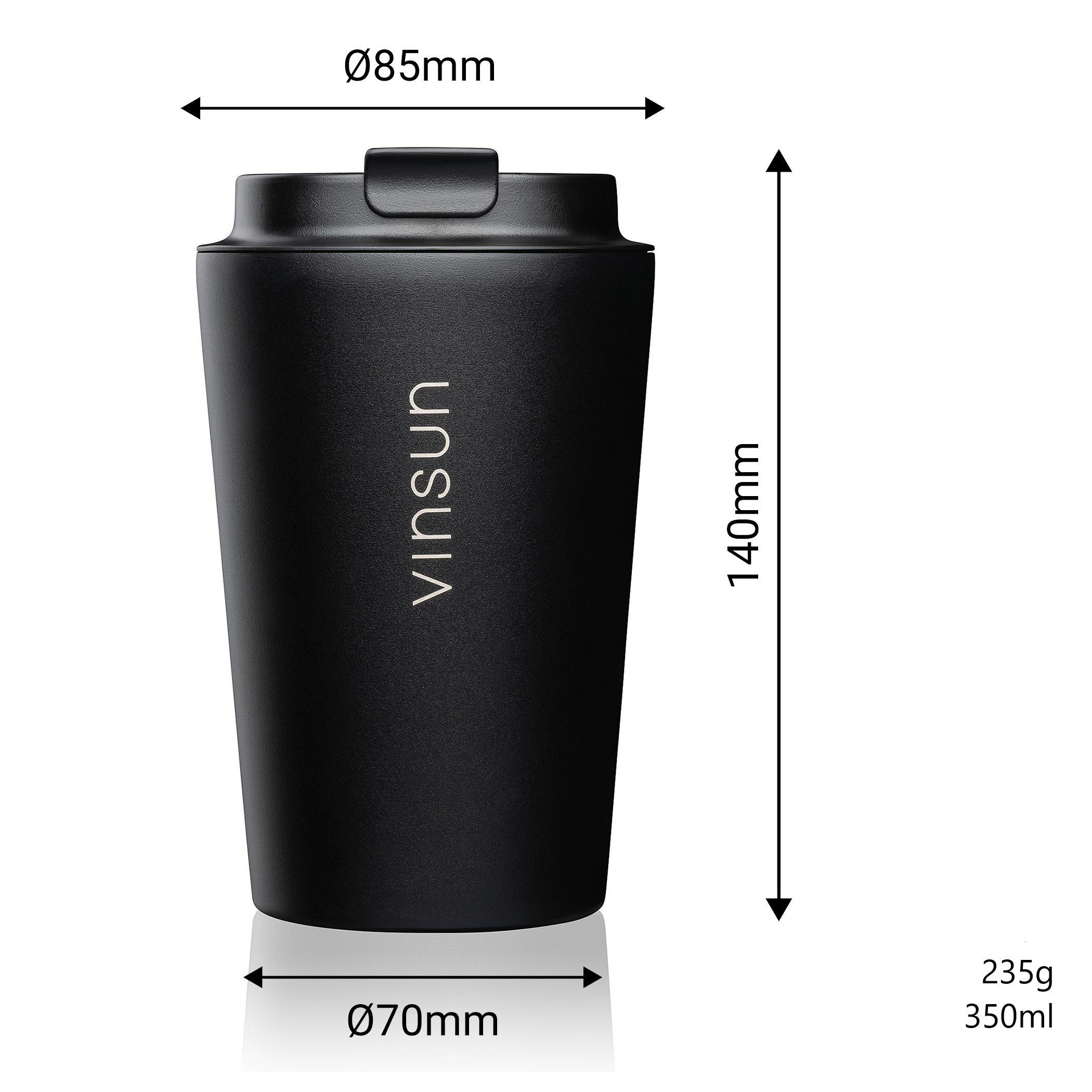 Vinsun Thermobecher Isolierbecher 350ml Schwarz - Kaffeebecher to go, Edelstahl, auslaufsicher, bruchfest, für heiße und kalte Getränke