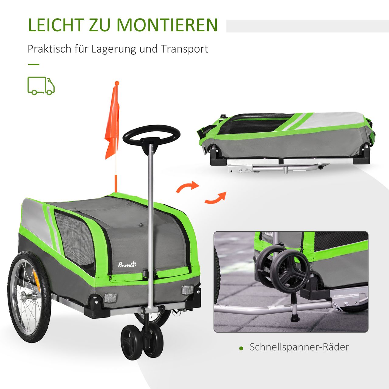 PawHut 2-in-1 Hundeanhänger Trolley für Haustier Lastenanhänger Grün Grau