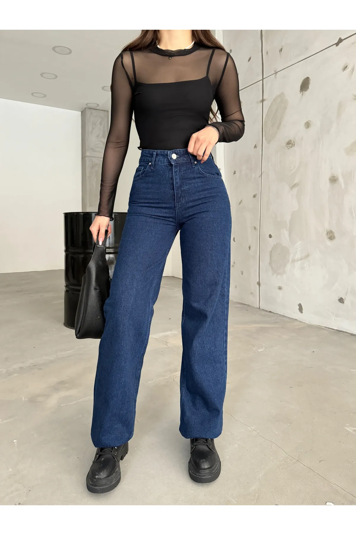 BİKELİFE  Marineblaue Damenjeans mit hohem Bund und dehnbarem Lycra und weitem Bein