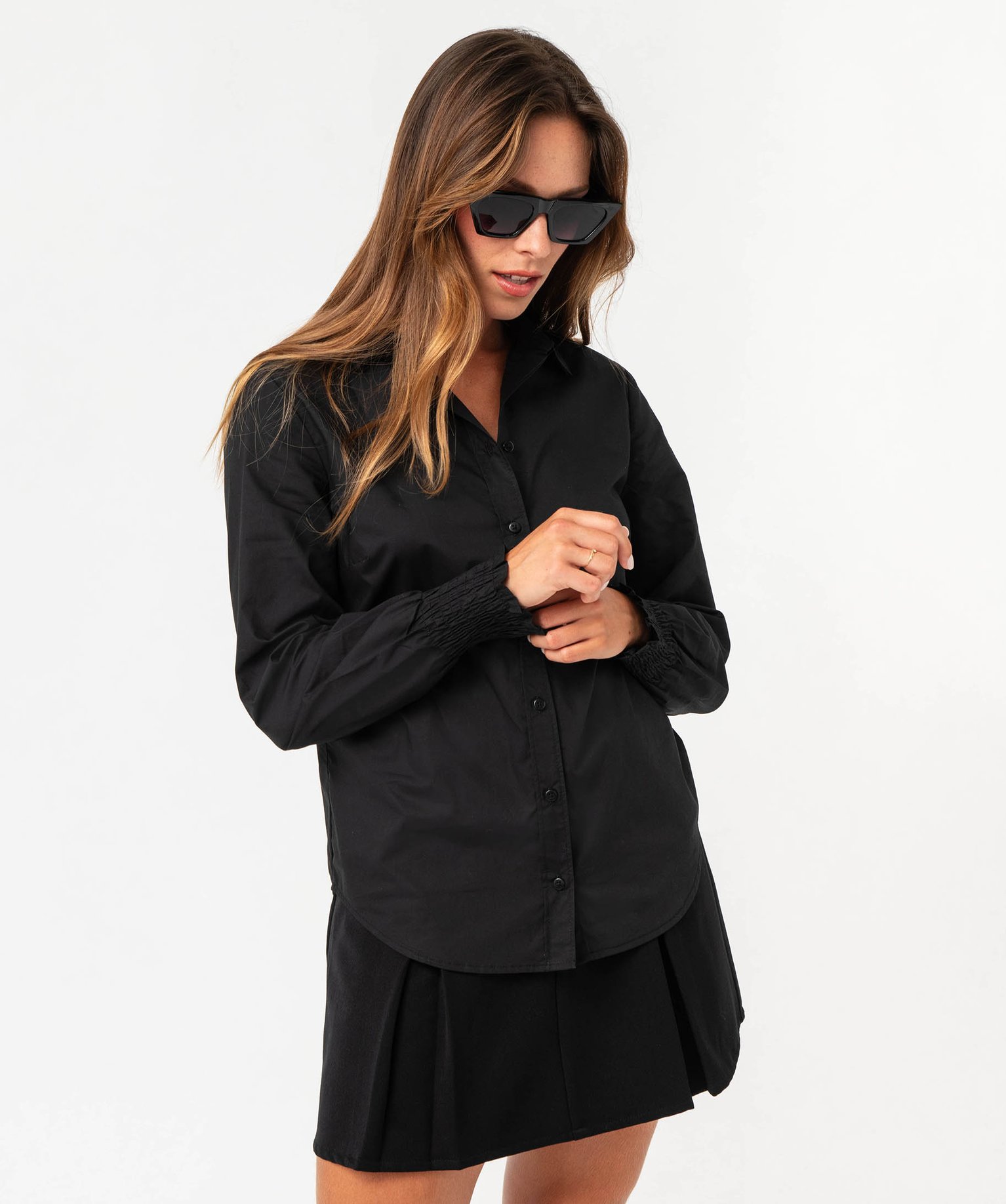 Chemise à manches longues avec poignets smockés femme noir | GEMO