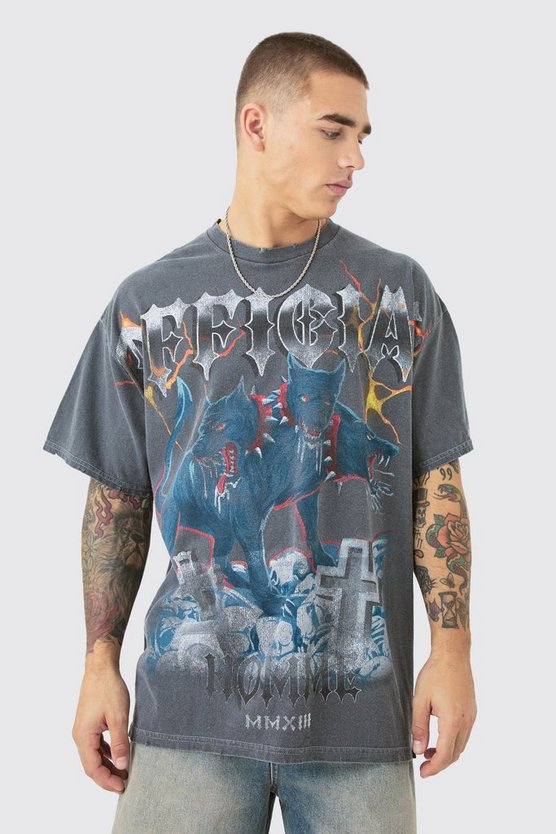 Zerrissenes Oversize T-Shirt mit Official Homme Print