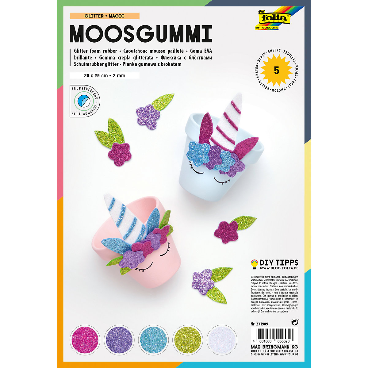 Glitter-Moosgummi selbstklebend Pastell, 5 Bogen in 5 Farben