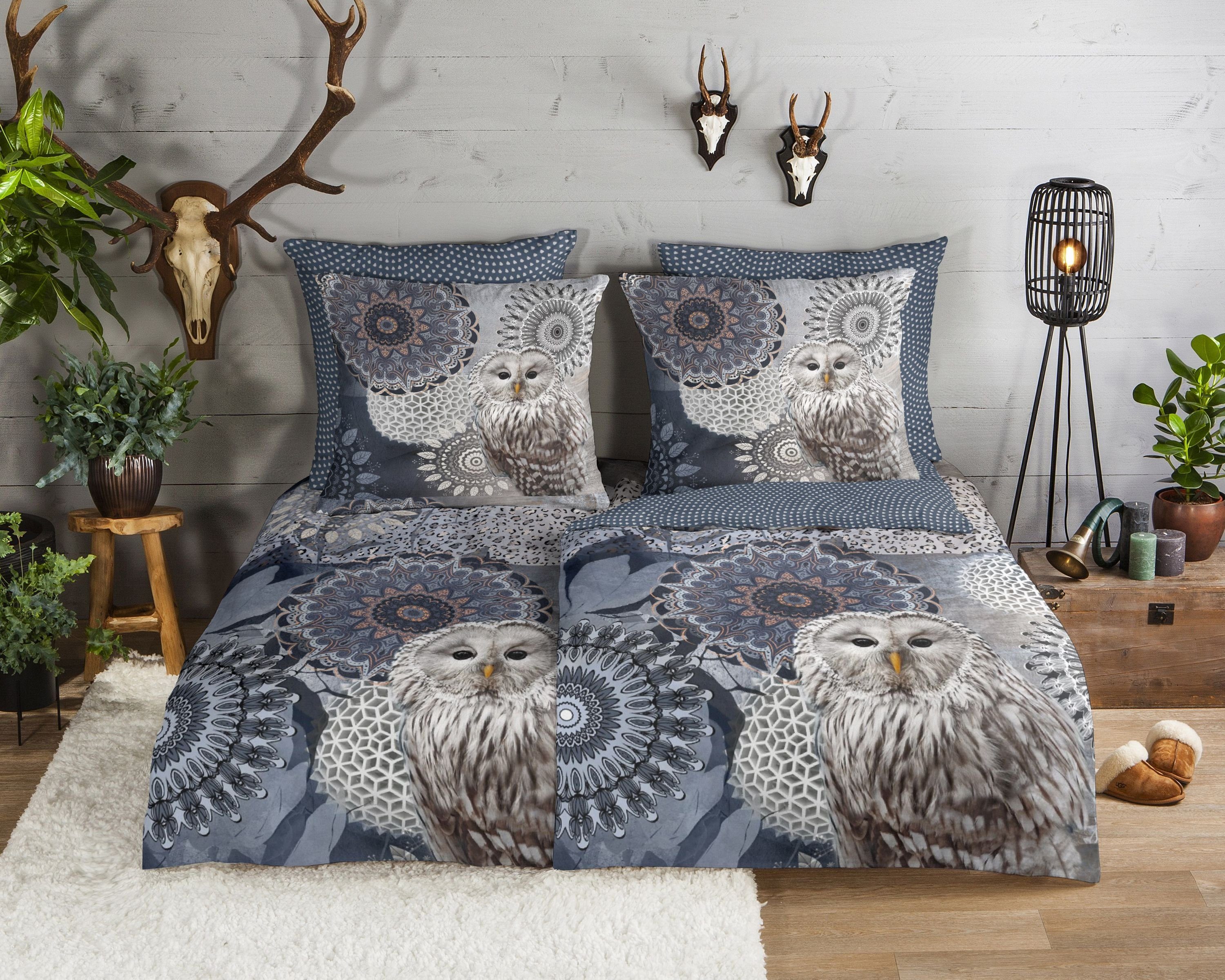 Bettwäsche Comfort Baumwolle, Traumschloss, Flanell, 2 teilig, blaue Mandalas mit Eule
