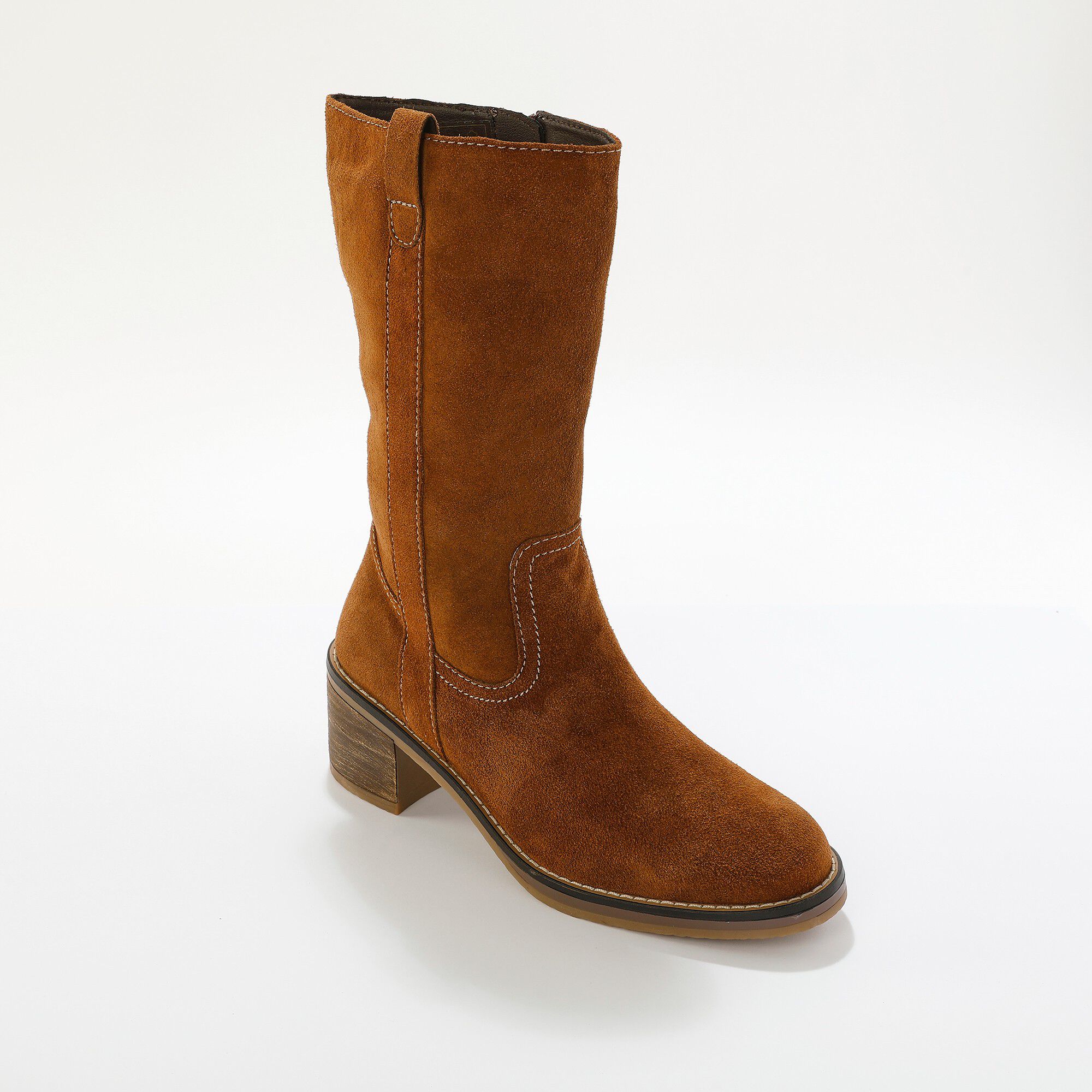 Bottes mi-hautes en croûte de cuir à talon