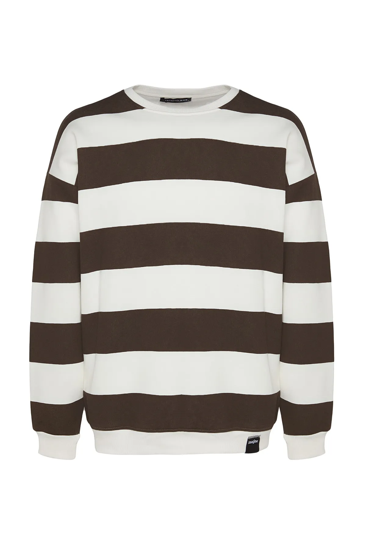 Trendyol Collection  Nerzfarbenes, übergroßes/weit geschnittenes Baumwoll-Sweatshirt mit Rundhalsausschnitt und gestreifter Fleece-Innenseite TMNAW24SW00098