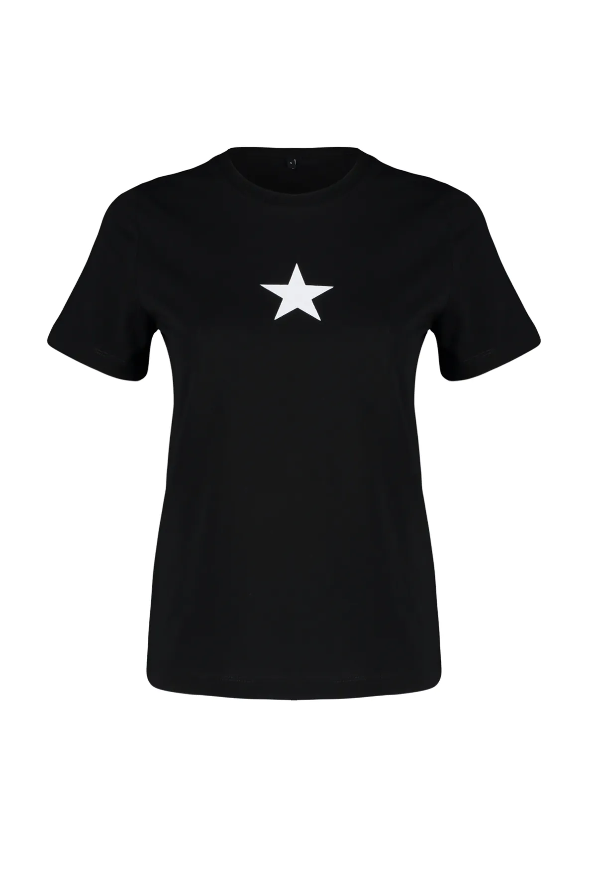 Trendyol Collection  Schwarzes Strick-T-Shirt mit Rundhalsausschnitt und Stern-Aufdruck, 100 % Baumwolle, Regular/Regular Fit TWOSS24TS00095